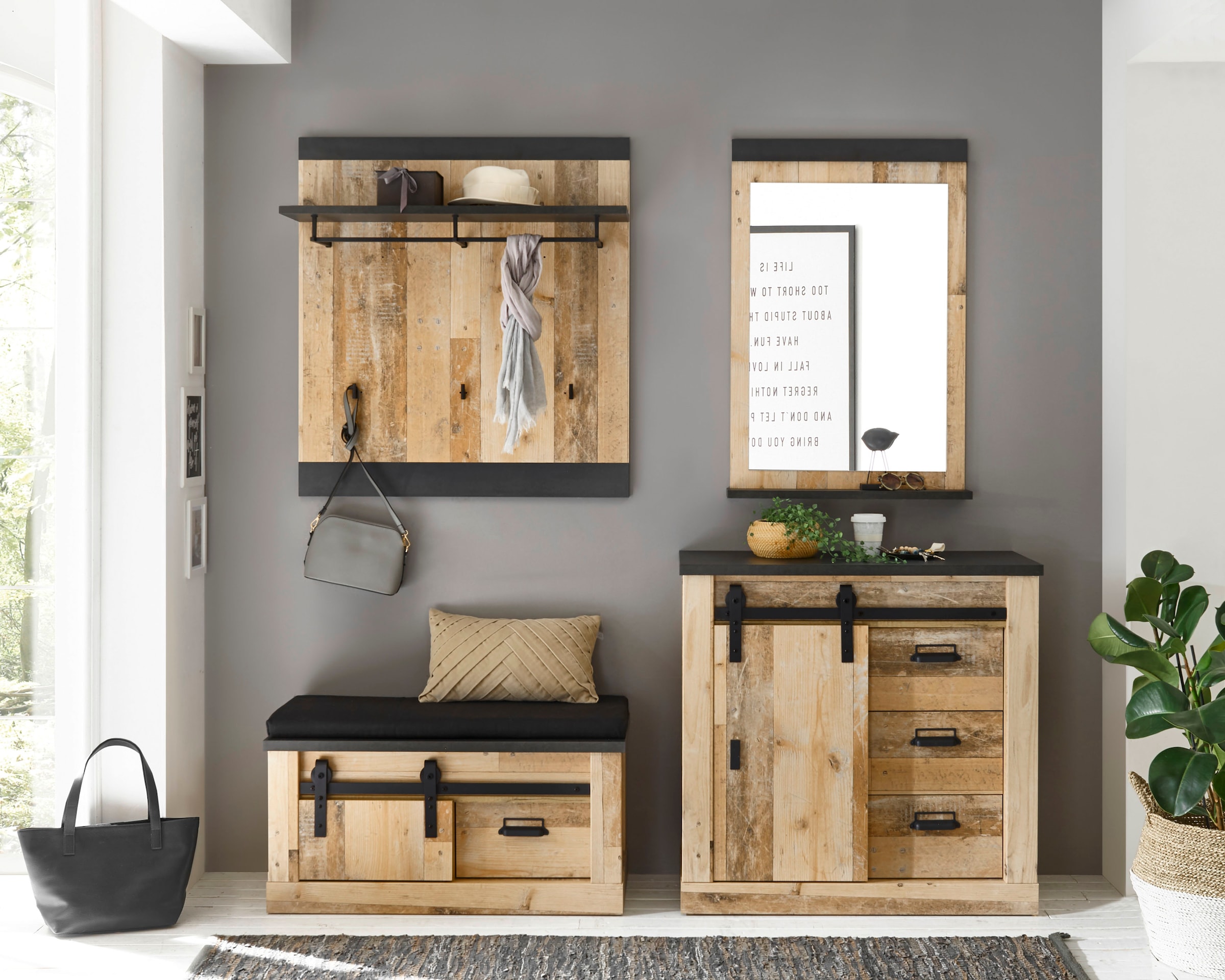 Home affaire Garderoben-Set »SHERWOOD«, (4 St.), mit Scheunentorbeschlag, Apothekergriffe aus Metall