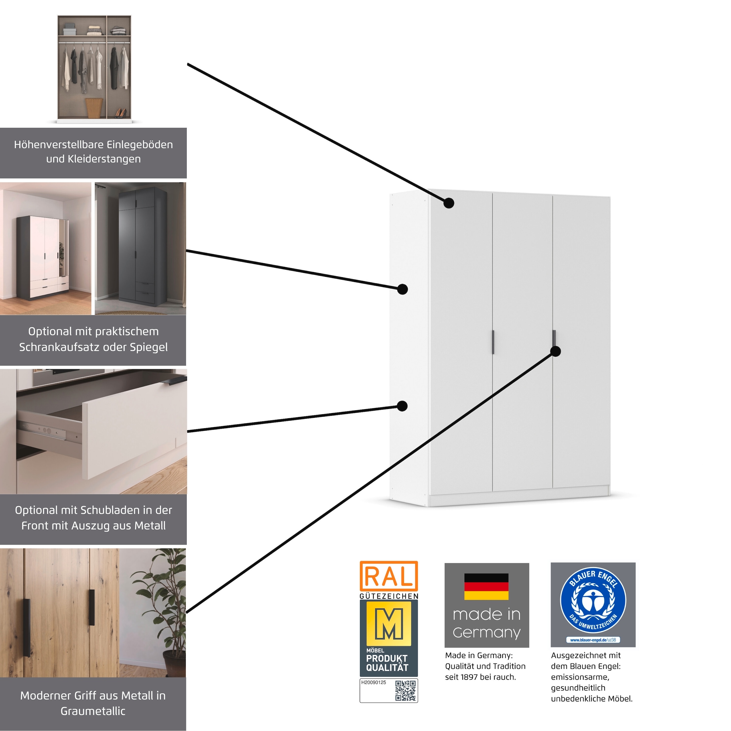 rauch Kleiderschrank »Drehtürenschrank Schrank Garderobe Ankleide Schlafzimmer LAGOA« in 3 verschiedenen Ausstattungen BASIC/CLASSIC/PREMIUM,  moderne Kantengriffe aus Metall, optional mit Aufsatz MADE IN GERMANY