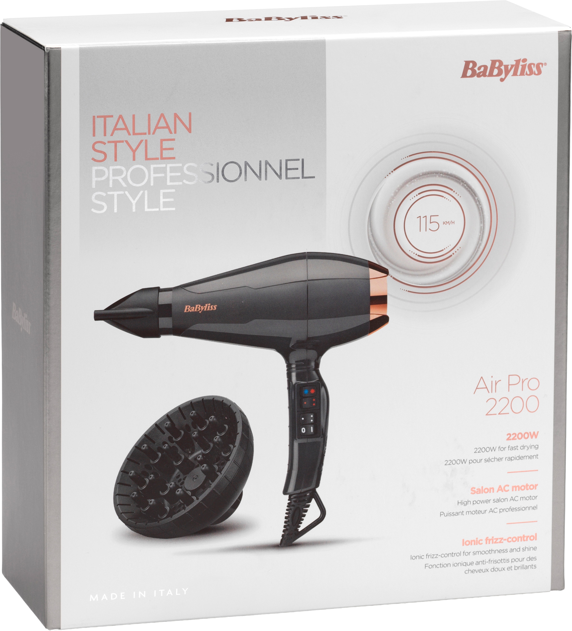 BaByliss Ionic-Haartrockner »BaByliss Italian Air Pro Haartrockner mit Ionen-Technologie, 6719DE« 2.200 W 3 Aufsätze Anti-Frizz, Föhn mit 2 Zentrierdüsen und Diffusor, AC-Motor, 2200 W