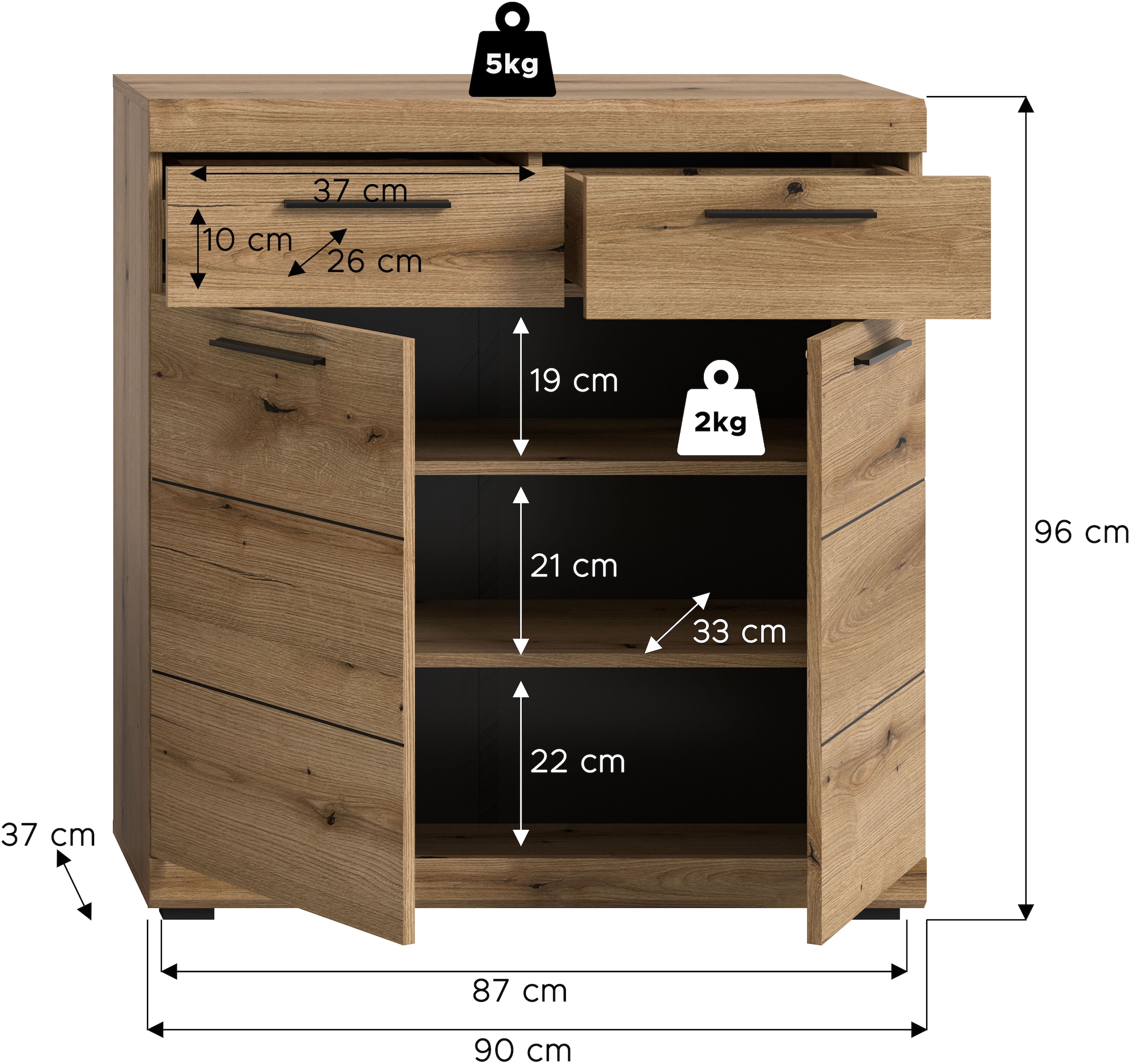 INOSIGN Schuhschrank »Siena, Breite 90 cm, 2 Türen, 2 Einlegeböden, 3 Fächer, 2 Schubkästen«, (1 St.), Scout, Schuhschrank Höhe 96 cm, 2 Türen, 3 Fächer, 2 Schubkästen