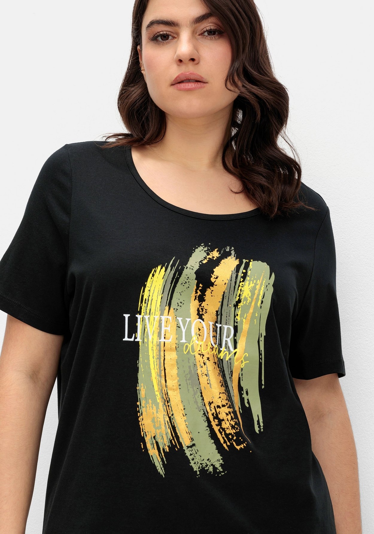 Sheego T-Shirt »Kurzarmshirt mit Frontdruck und Glitzereffekt«