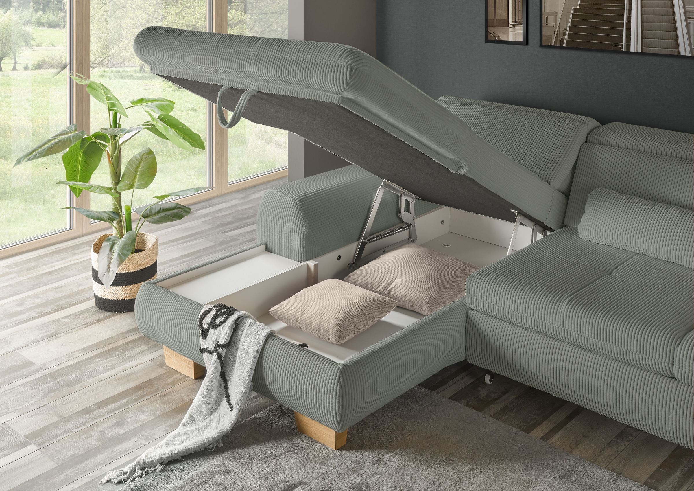 set one by Musterring Ecksofa »SO 3400, Cord, Sitzhöhe 47cm oder 49cm, inkl. Sitztiefenverstellung«, mit Canape und verschiedenen Funktionen, Kaltschaum, B307 x T195 cm