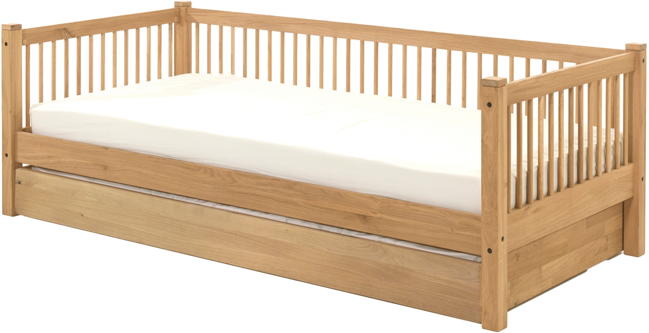 Home affaire Einzelbett »Forrest 90/200 aus massiver Eiche, Oberfläche geölt, stabil gebaut«, (B/H/T ca. 207,5x68x97,5cm, inkl. Massivholz Rolllattenrost), aus massiver Eiche geölt, LF 90x200 cm, wahlweise mit Bettschublade