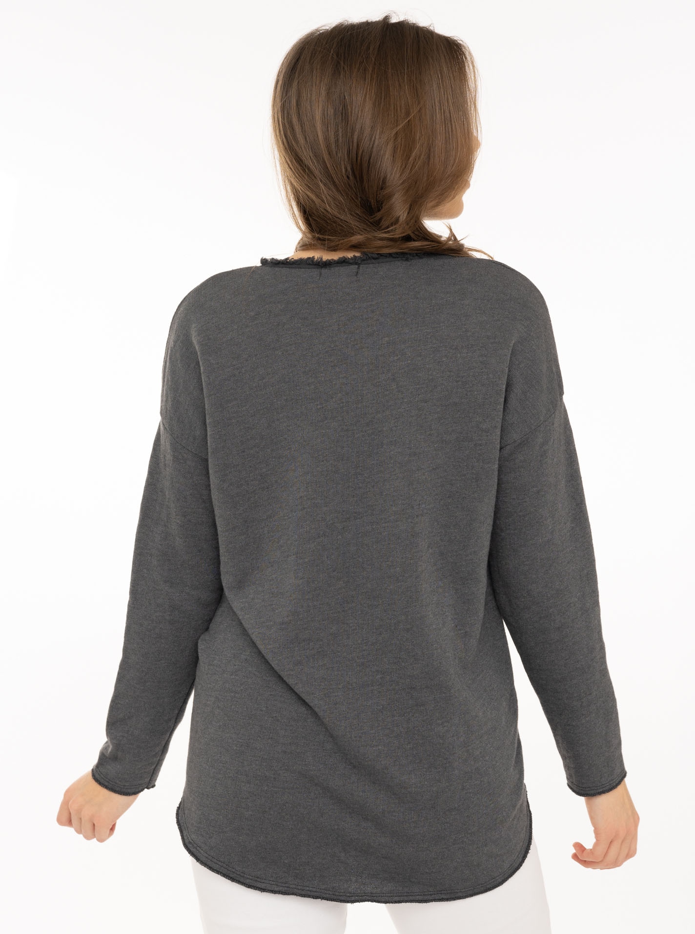 Zwillingsherz Sweatshirt »"Positive Mind"«, ausgefranster V-Ausschnitt, Used Look, Langarm, Schriftzug
