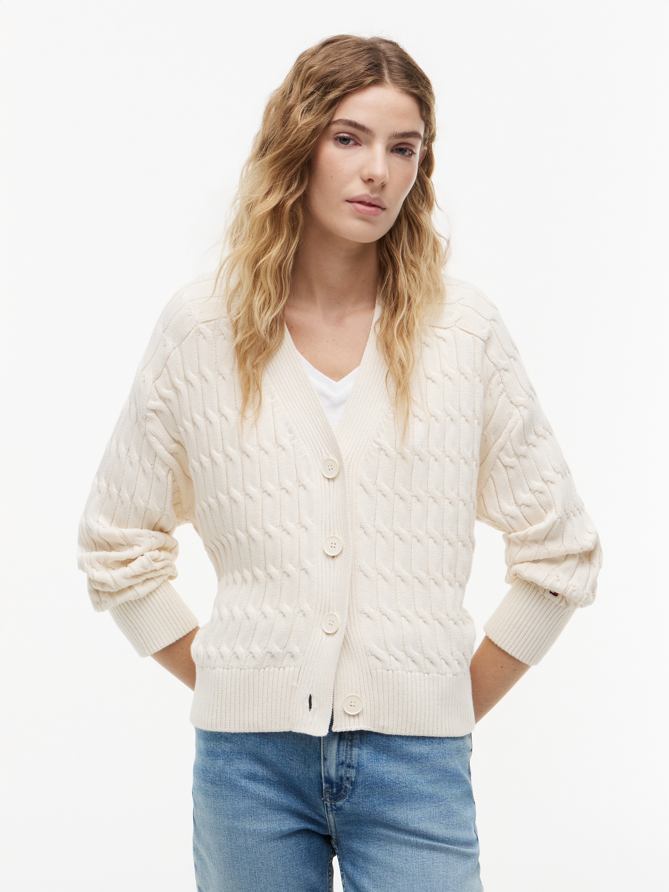 Tommy Hilfiger Strickjacke »MID GG CABLE V-NK LS CARDI« Baumwolle, mit Zopfstrickmuster