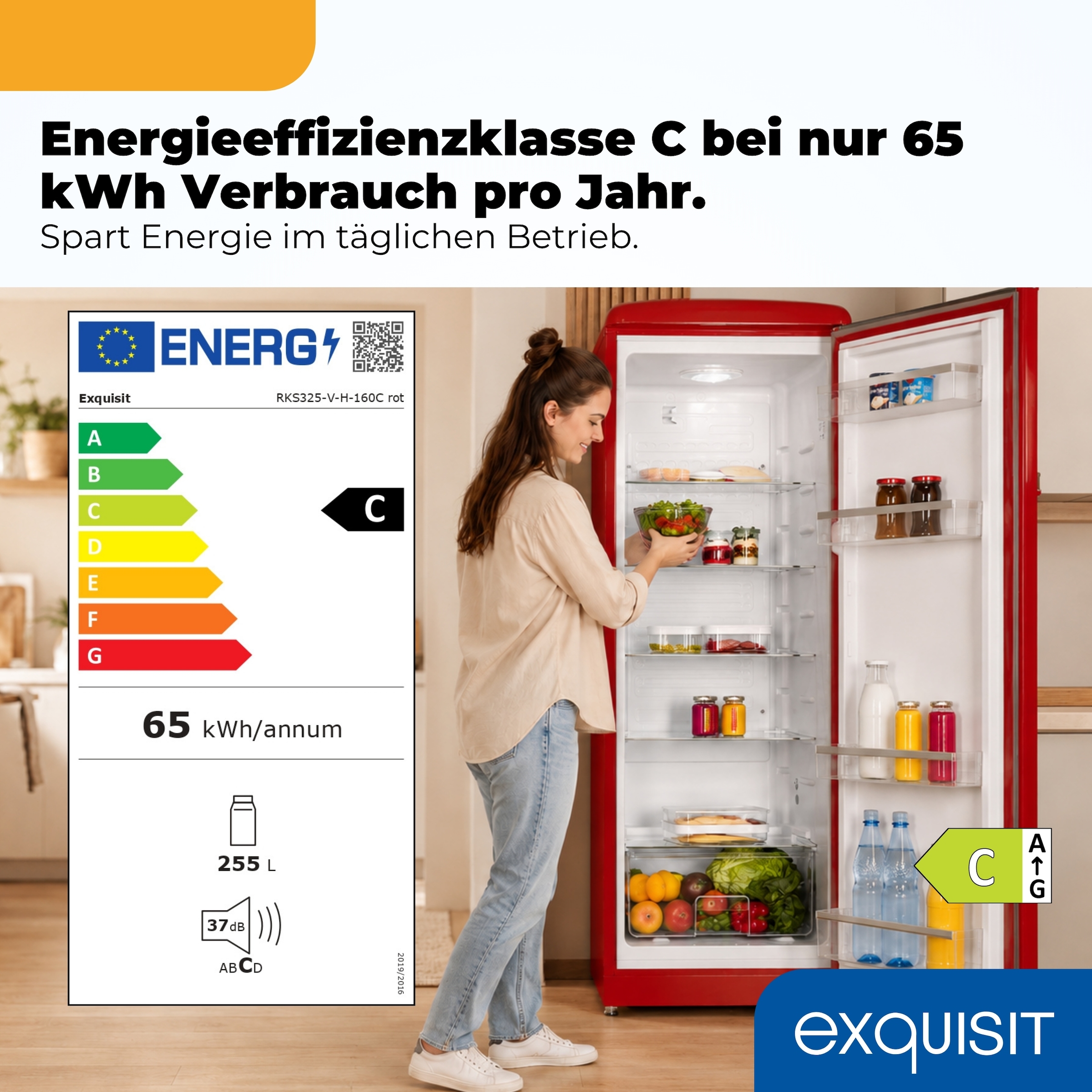 exquisit Kühlschrank »RKS325-V-H-160C rot« 146,5 cm hoch 54,5 cm breit LED-Beleuchtung, verstellbare Glasböden, Retro-Design