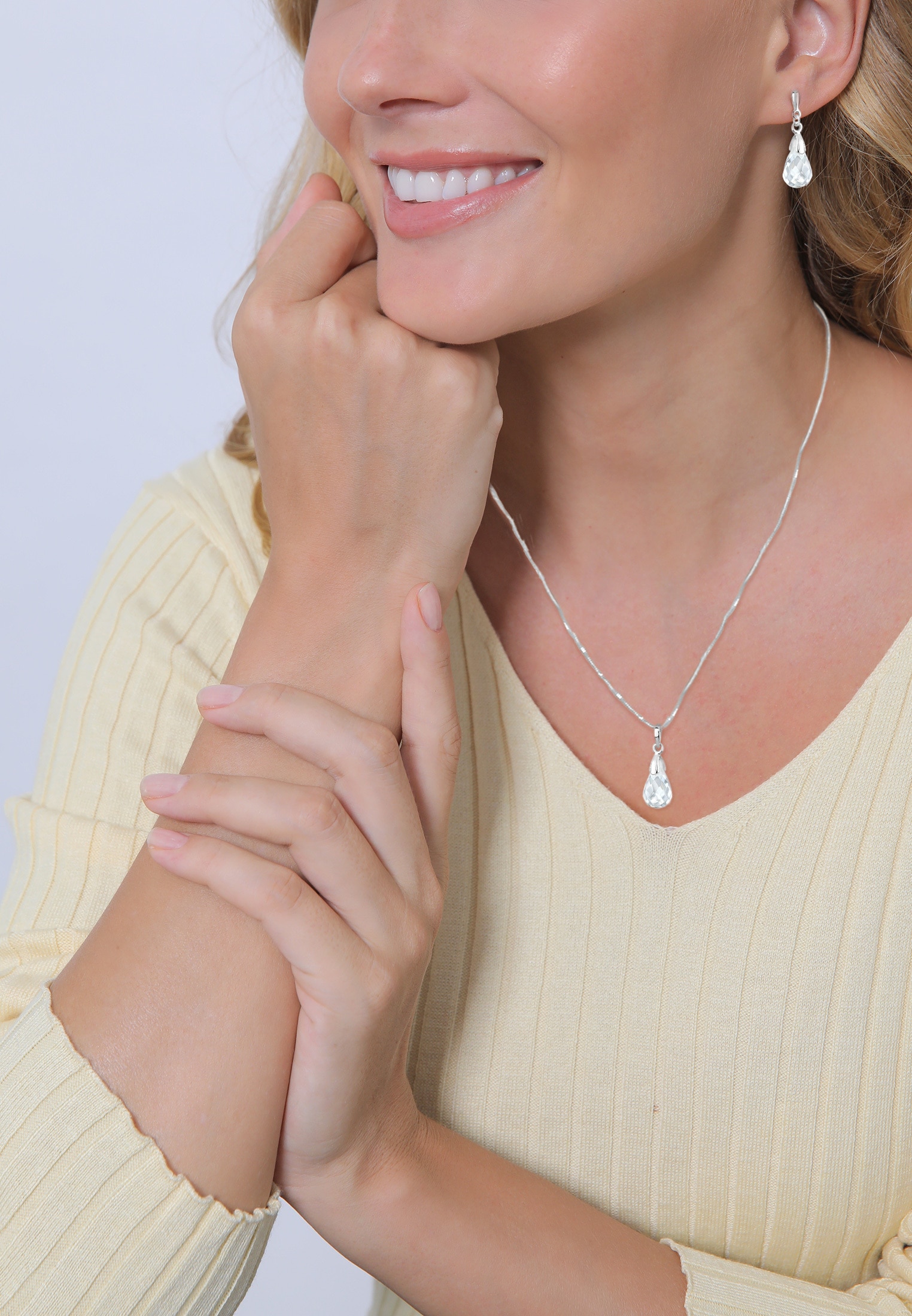 Elli Ohrring und Ketten Set »Schmuckset Tropfen Bergkristall Weiß 925 Sterling Silber« ()