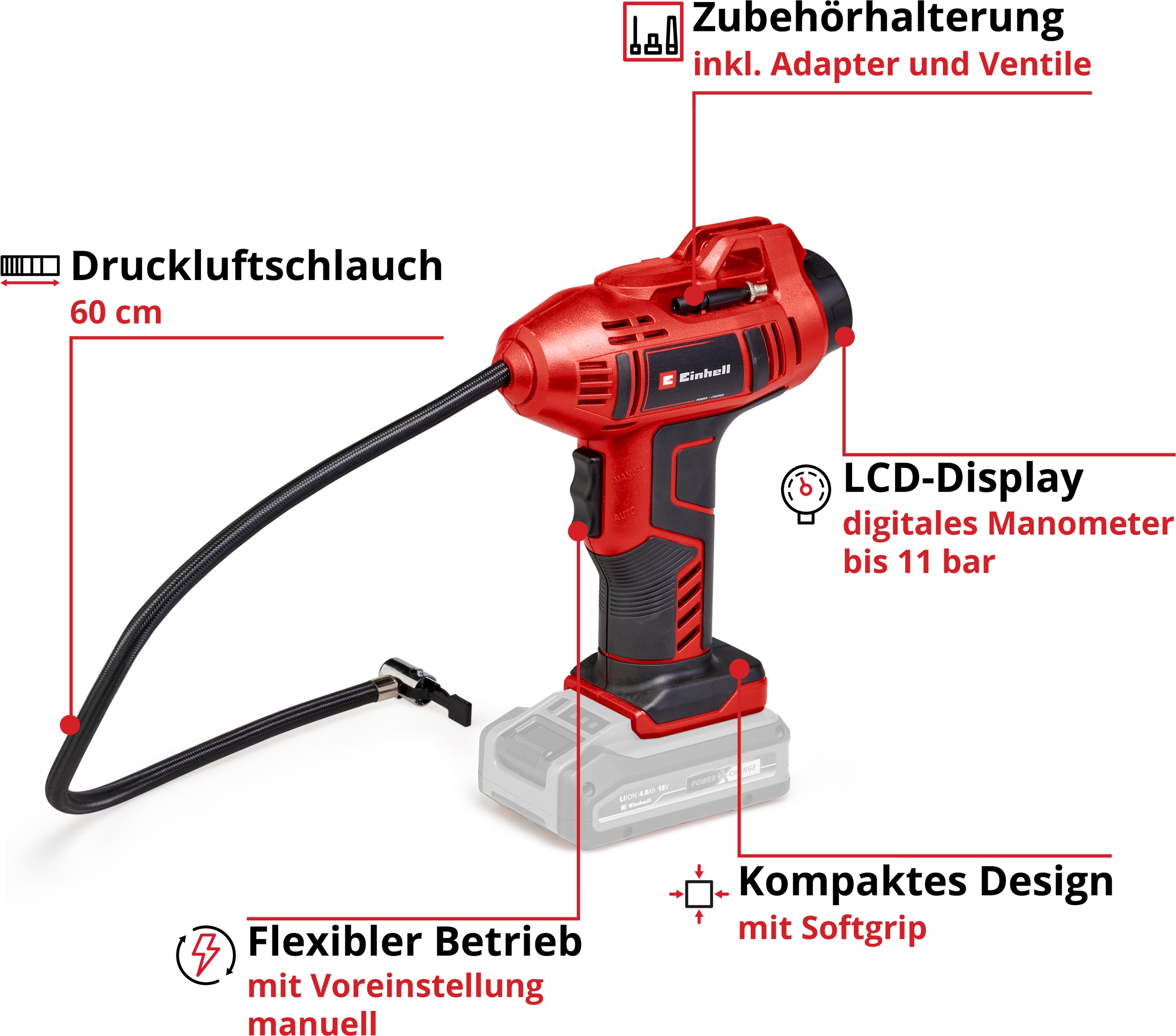 Einhell Akku-Handkompressor »CE-CC 18 Li-Solo« Set, 5 Stk. tlg. Inklusive 3-teiligem Adapter-Set, ohne Akku, ohne Ladegerät