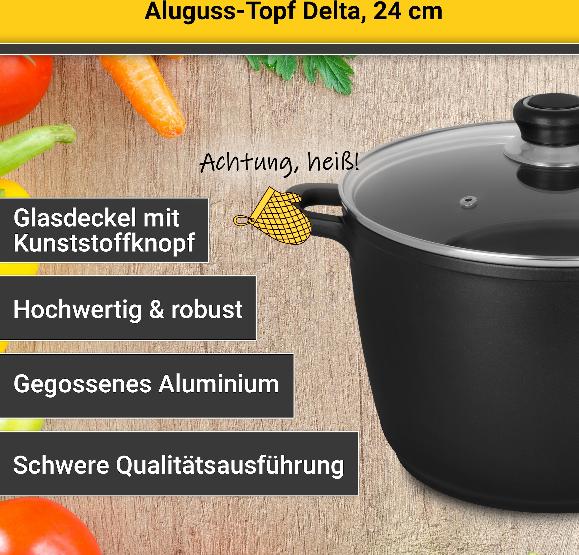 Krüger Fleischtopf »Aluguss Fleischtopf mit Glasdeckel DELTA«, Aluminiumguss, (1 tlg.), für Induktions-Kochfelder geeignet