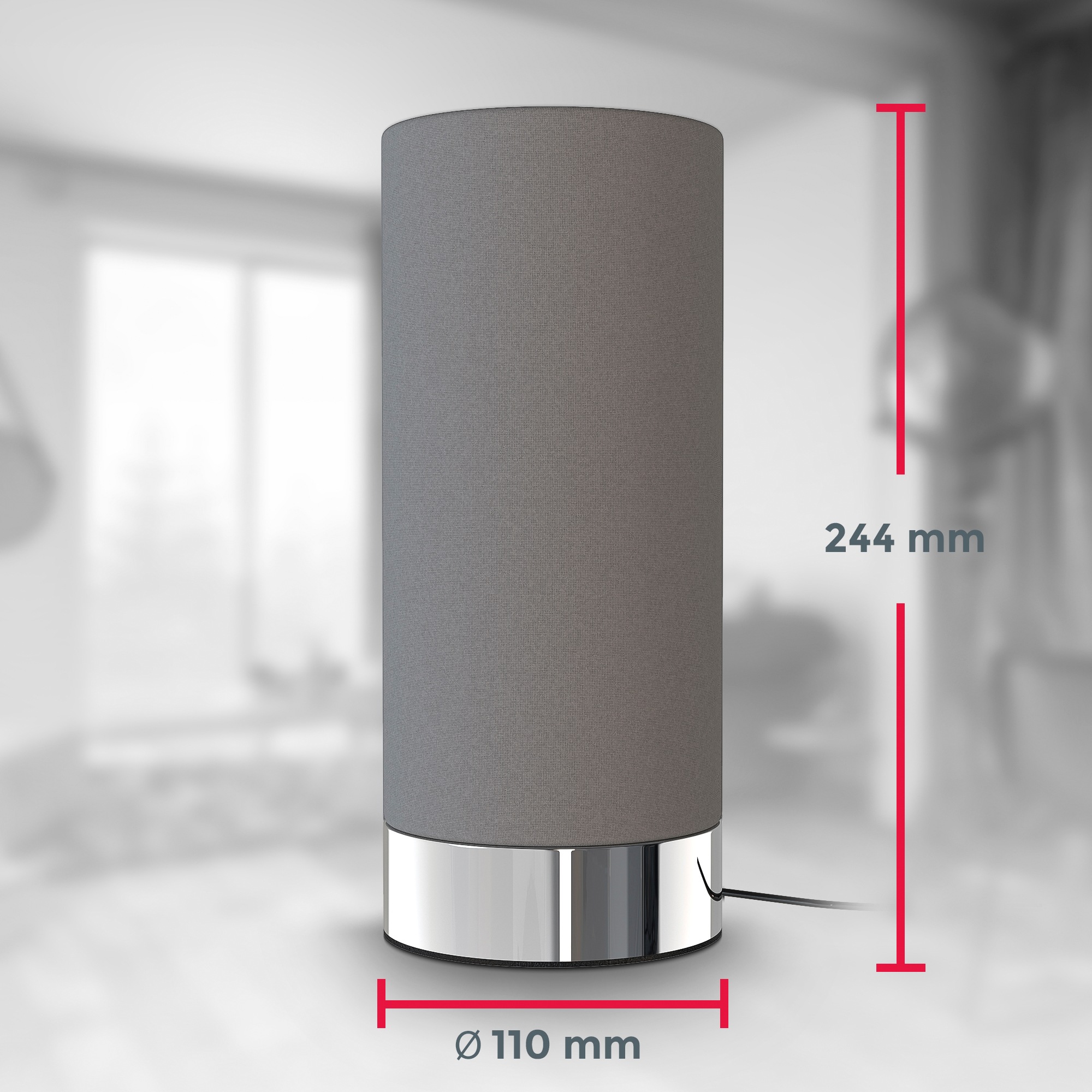 B.K.Licht Tischleuchte »BK_TL1437 Stoff-Tischlampe, Grau, Touchfunktion, 3-fach dimmbar, E14«, 1 flammig, Leuchtmittel E14 | ohne Leuchtmittel, Chromsockel, 1-Flammig, ohne Leuchtmittel (40W), 150cm Kabel
