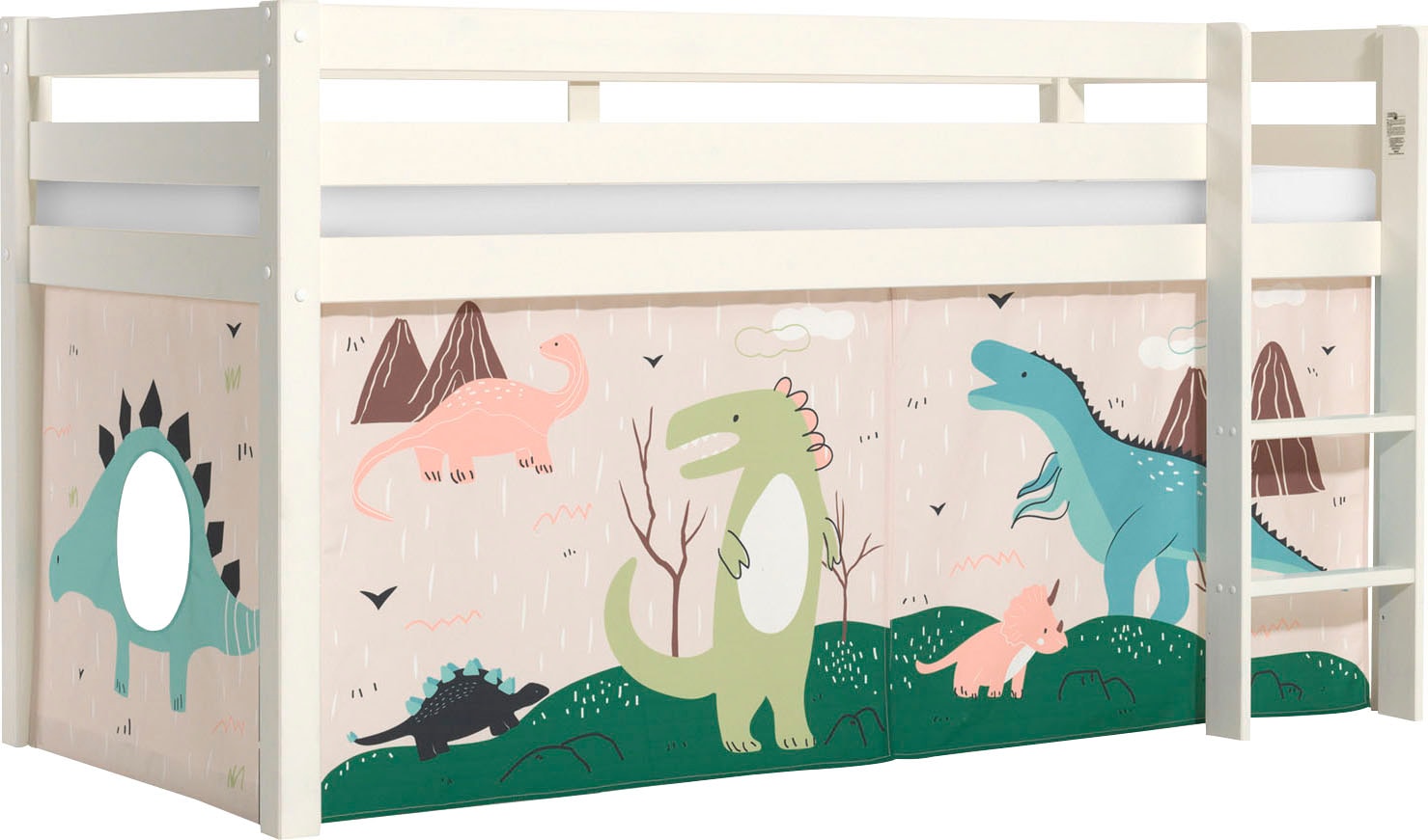 Vipack Spielbett »Pino, Kiefer massiv, mit Rolllattenrost u. Textil-Set, Made in Europe« B/H/T ca. 210x114x106cm, mit Leiter und Absturzschutz,  verschiedene Textil Dessins, 3 Gestellfarben zur Wahl