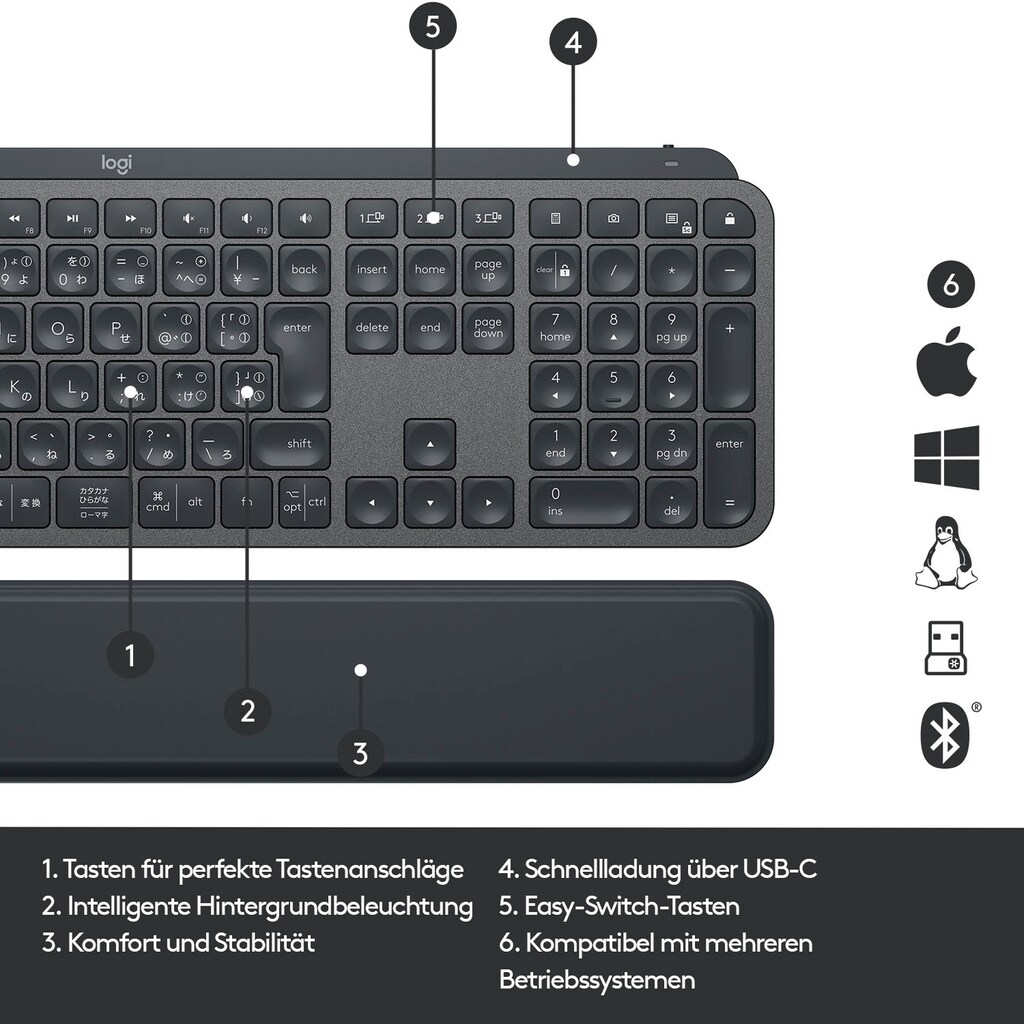 Logitech Tastatur »MX Keys Plus Advanced - GRAPHITE«, (Handgelenkauflage)
