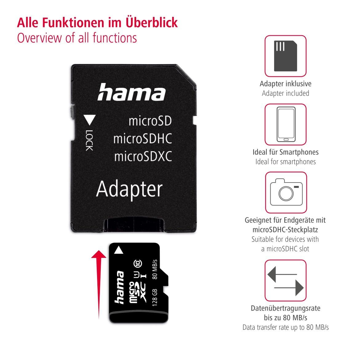 Hama Speicherkarte »microSD Karte, Memory Fast, + Adapter/Mobile, Class 10 UHS-I 80MB/s«, (UHS-I Class 10 80 MB/s Lesegeschwindigkeit)