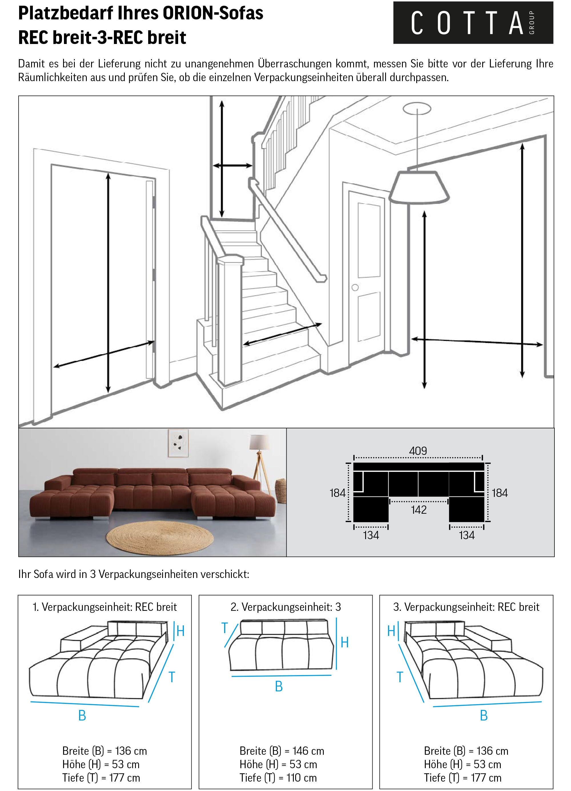 COTTA Wohnlandschaft »Orion U-Form, B: 400 cm« Kopfteilverstellung & 4 Kissen, optional elektr. Sitztiefenverstellung