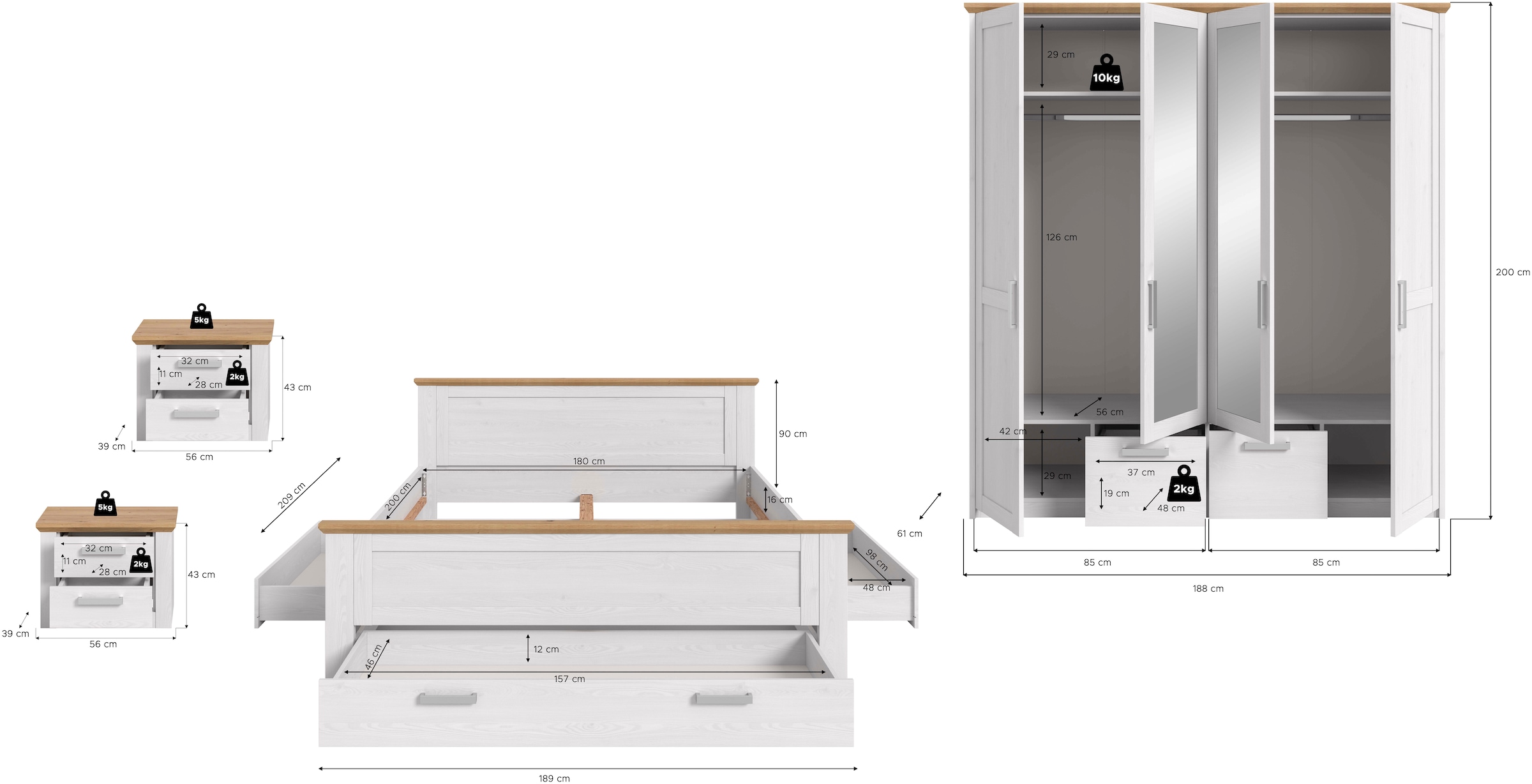 Home affaire Schlafzimmer-Set »COSENZA, 4-teilig, Kleiderschrank, Bett & 2x Nachttische« Matratzengröße 180x200 cm, viel Stauraum, ohne Lattenrost & Matratze, 4 tlg. tlg. Schlafzimmer, Schlafen, Set, Kombination, Bettanlage