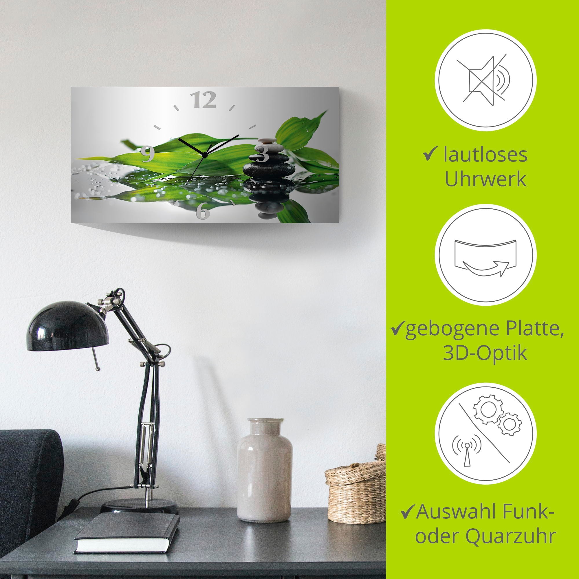 Artland Wanduhr »Spa mit Steinen und Bambus«, 3D Optik gebogen, mit Quarz- oder Funkuhrwerk, versch. Größen
