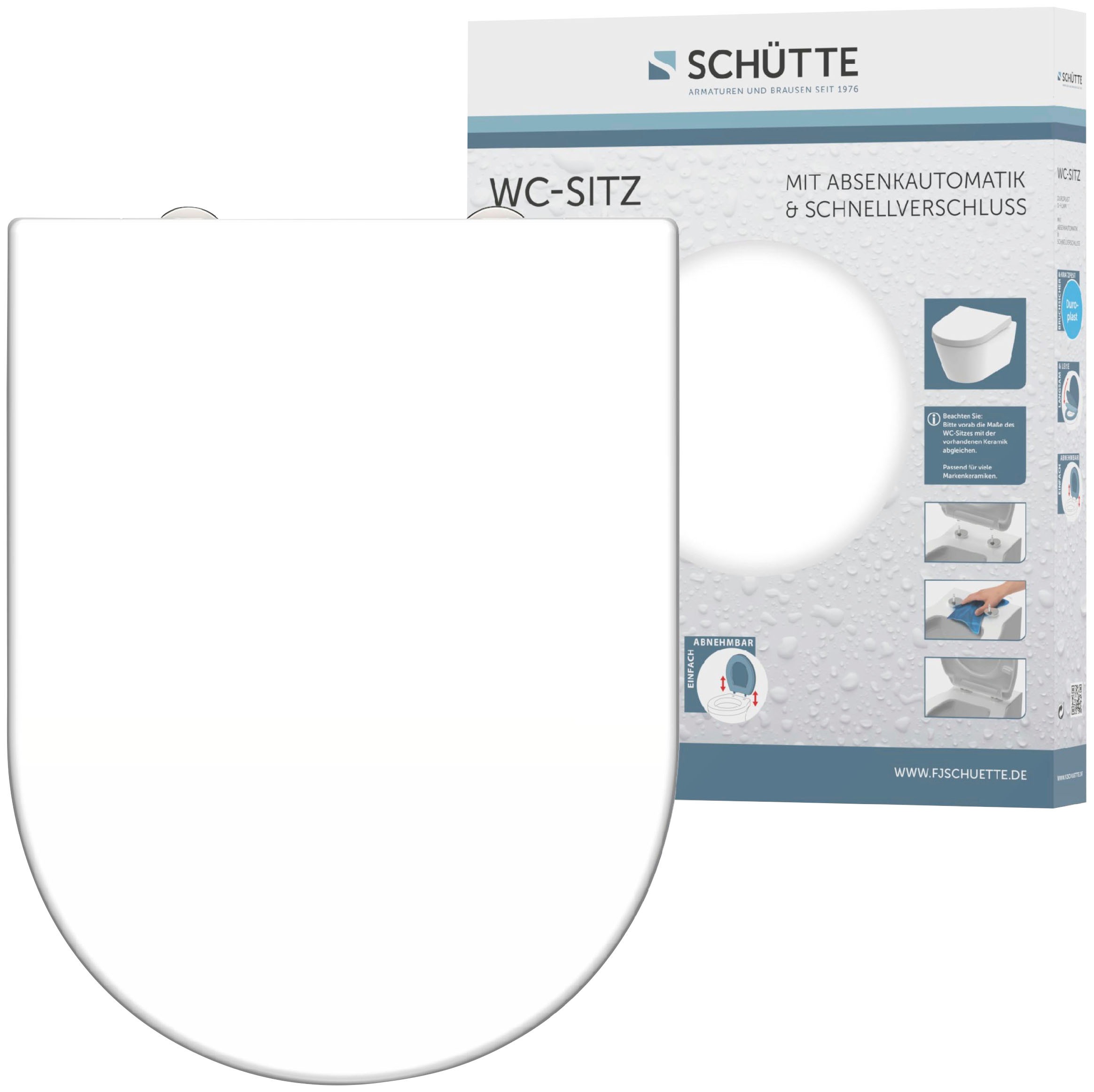 Schütte WC-Sitz, D Form, Duroplast Toilettendeckel mit Absenkautomatik und Schnellverschluss, maximale Belastung der Klobrille 150 kg, Toilettensitz Weiß