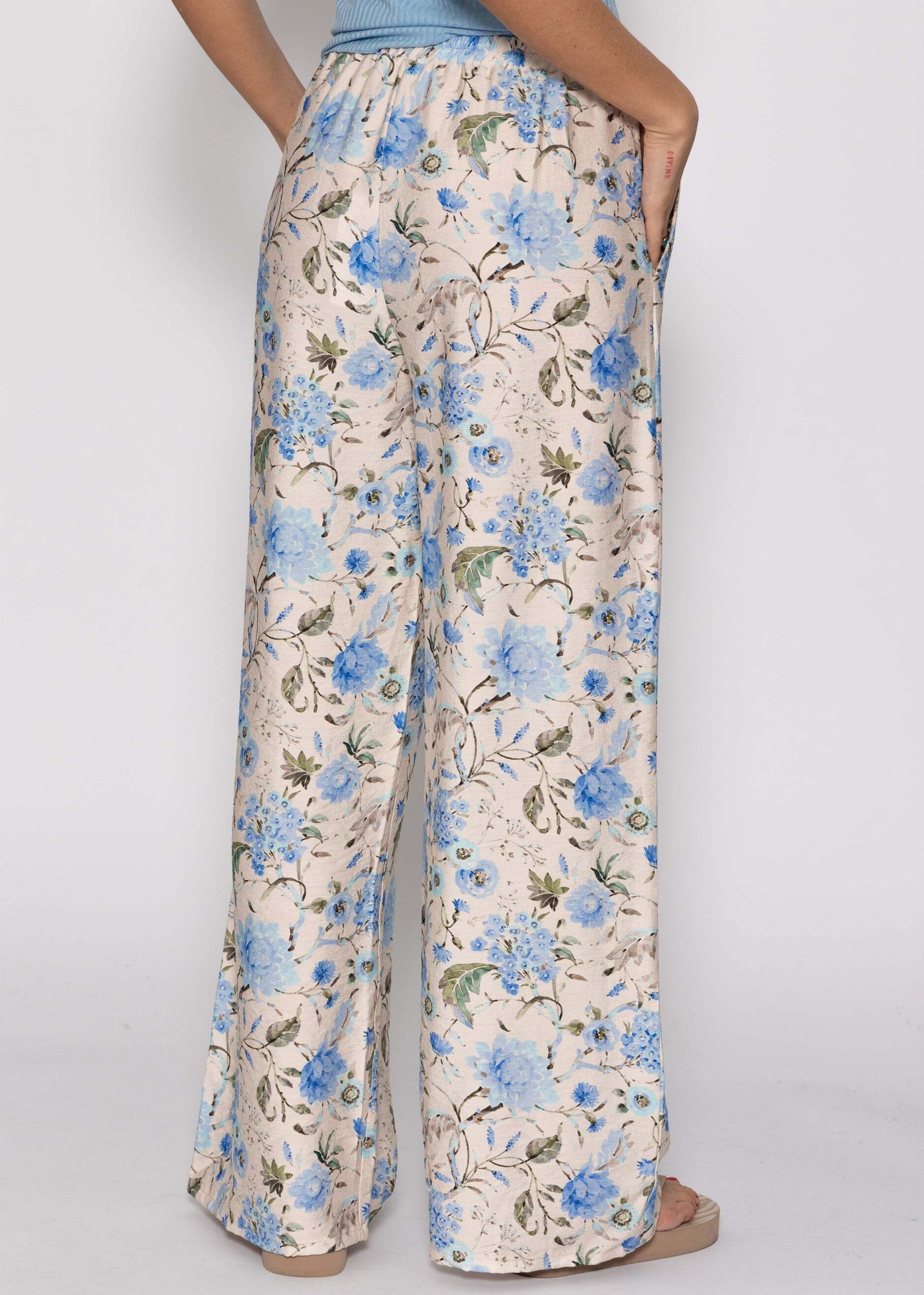 SASSYCLASSY Stoffhose »Hose mit Blümchendruck«  Weite Hose in floralem Muster mit elastischem Bund Beige Blau