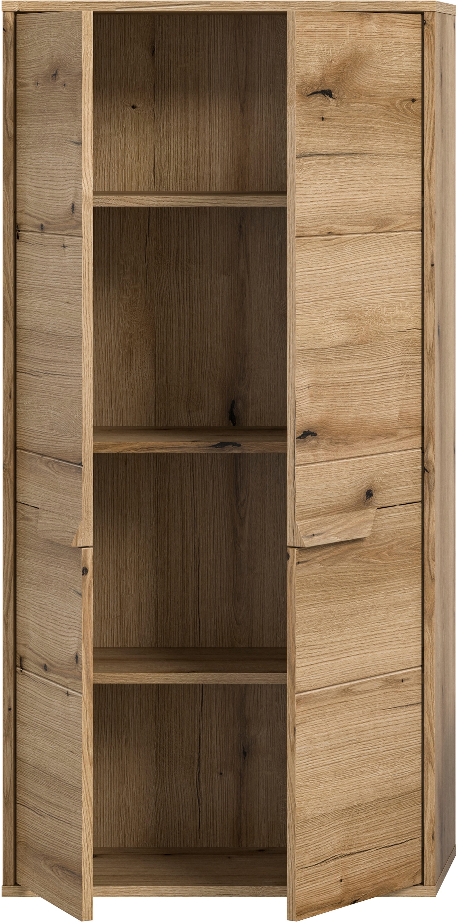 welltime Midischrank »Kayu, Höhe 132cm, stehend/hängend montierbar, 2 Türen, 3 Einlegeböden«, einzigartiges Griffdesign, Badschrank, Bad-Möbel, Badezimmer, Bad