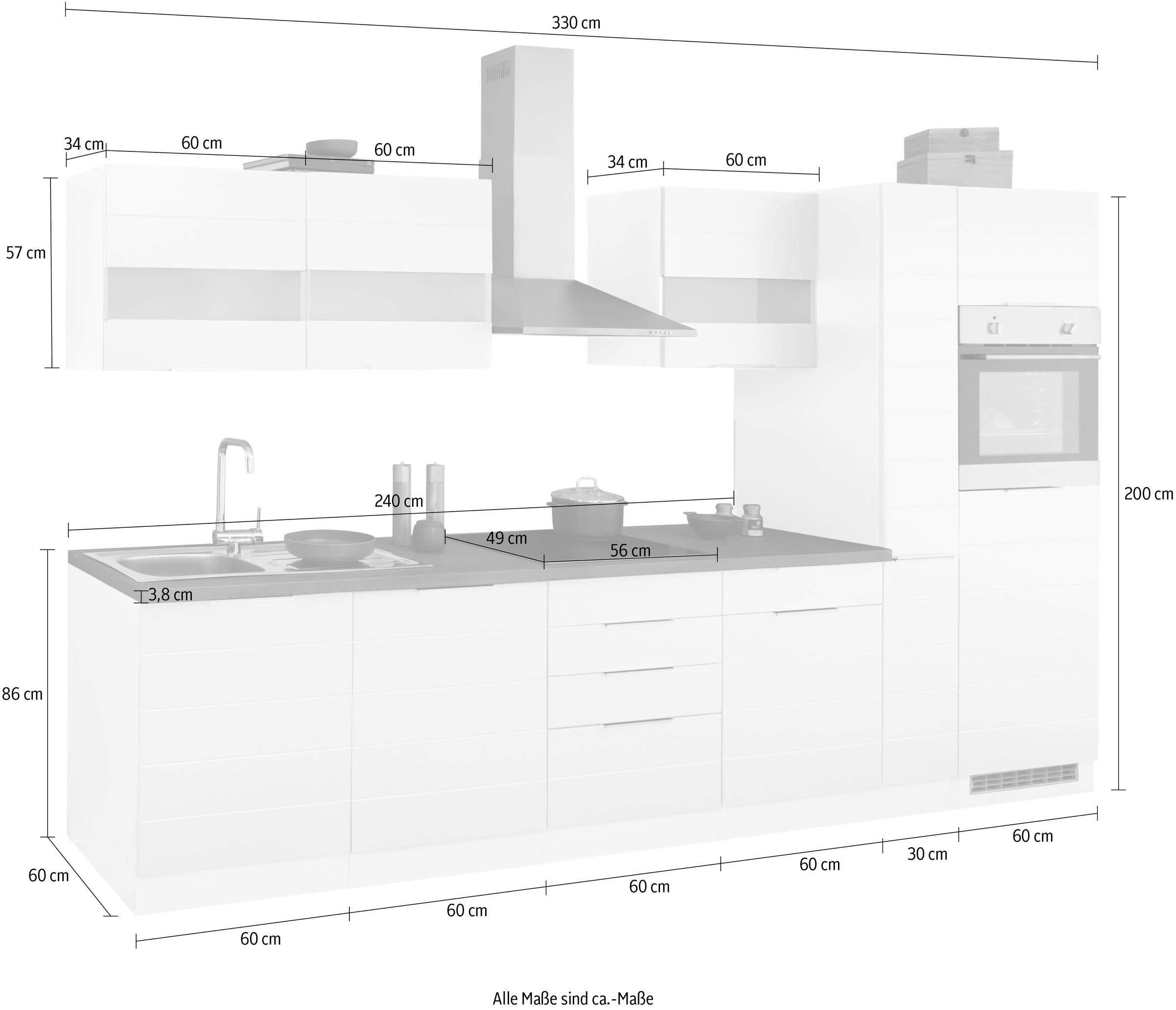KOCHSTATION Küchenzeile »KS-Luhe« 330 cm breit, wahlweise mit oder ohne E-Geräten, gefräste MDF-Fronten