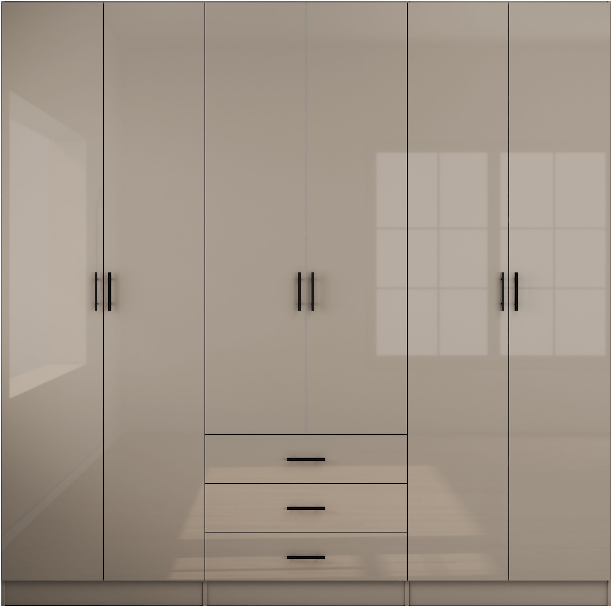 OTTO home Kleiderschrank »Trento Schlafzimmerschrank Garderobe hochglanz« in 2 unterschiedlichen Schrankhöhen wählbar,  Schrank mit 6 Türen und 3 Schubladen, hochglanz Fronten, Höhe 2,39m