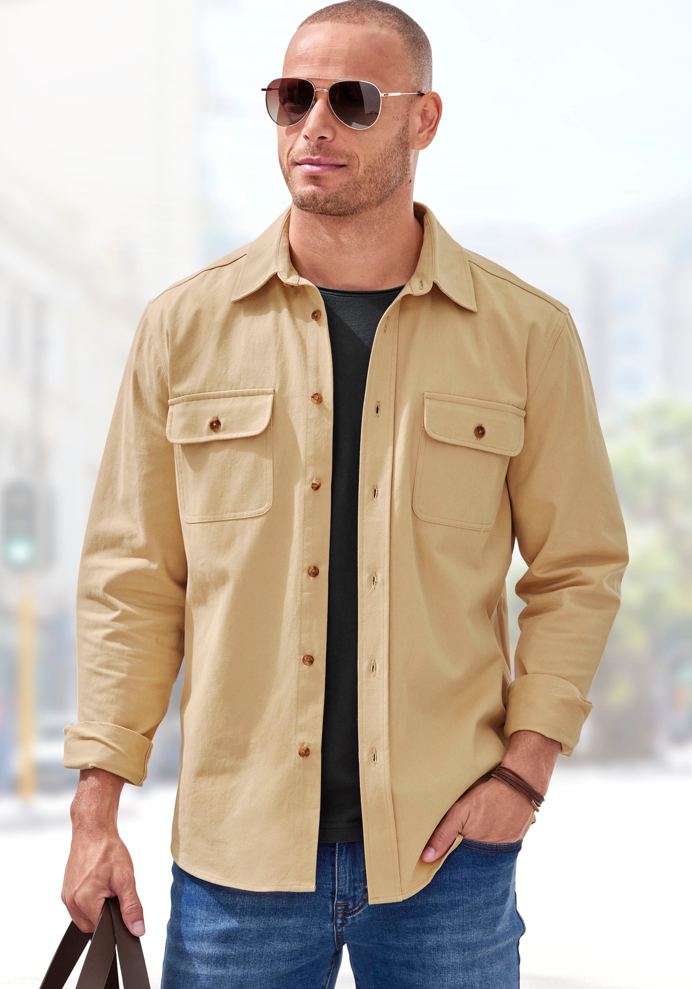 John Devin Langarmhemd », cooles Overshirt«, aus reiner Baumwolle, mit aufgesetzten Taschen