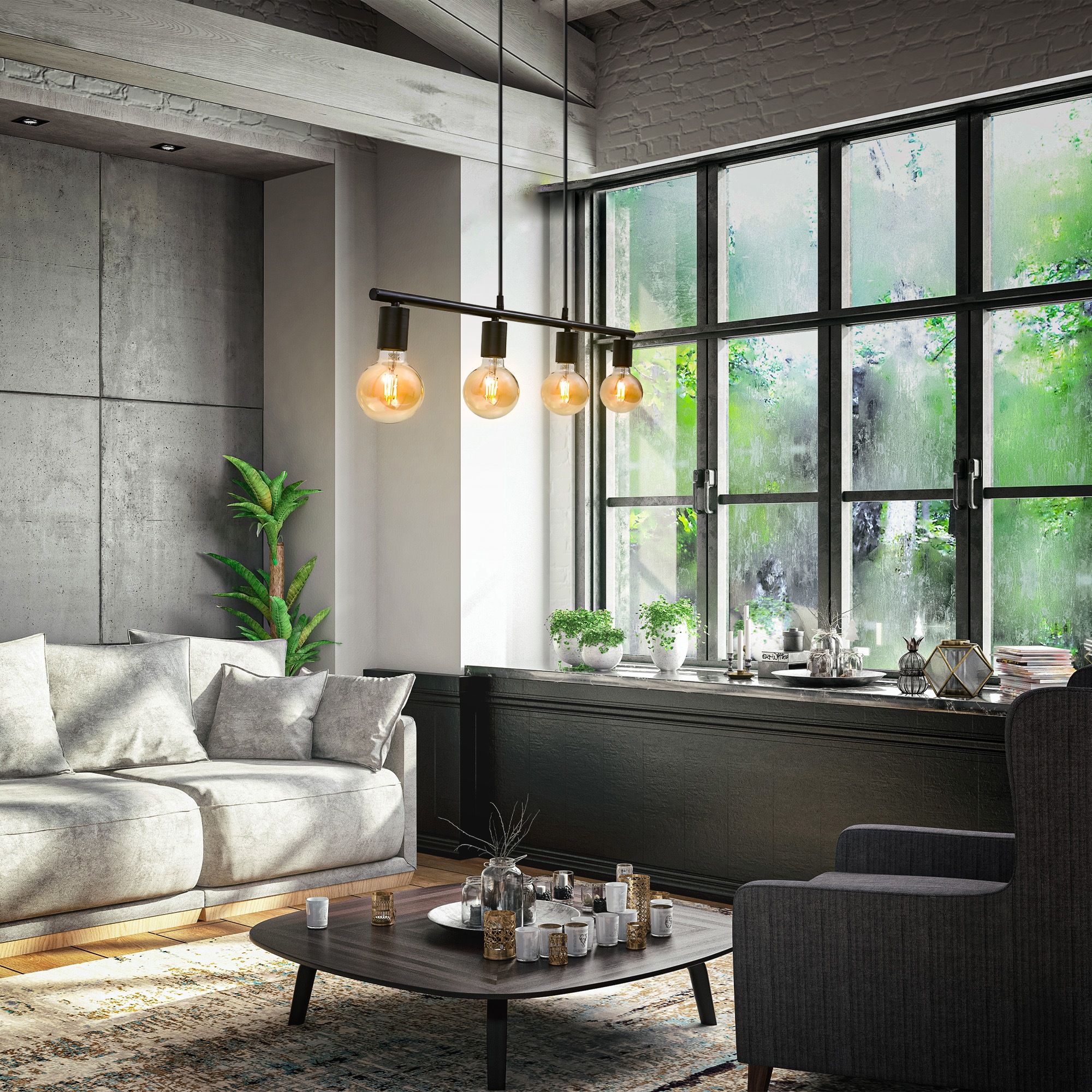 B.K.Licht LED Pendelleuchte »Nordic«, 4 flammig, Leuchtmittel E27 | ohne Leuchtmittel-Leuchtmittel wechselbar, Hängeleuchte, Hängelampe, Retro, Industrie, matt-schwarz, E27, Spot