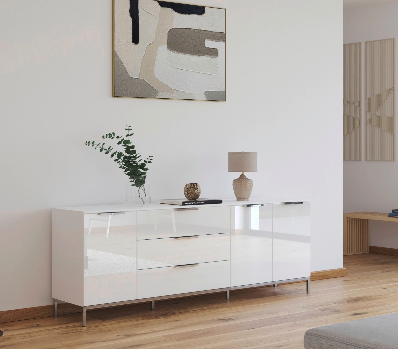 rauch Kombikommode »Kommode Türkommode Sideboard Kombikommode FLIPP mit Glasfront« Breite 200 cm mit 2 Einlegeböden,  3-türig mit 3 Schubladen und Soft-Close-Funktion sowie Glasfront