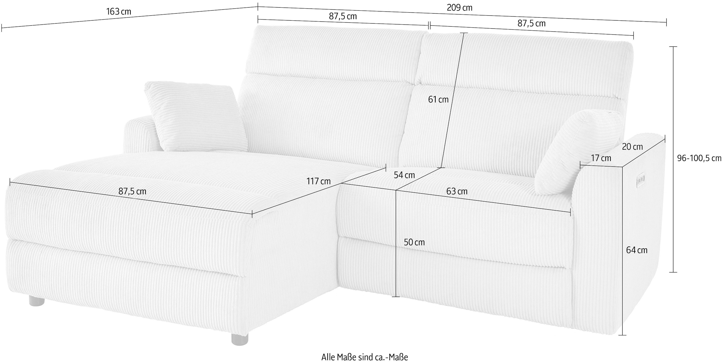 OTTO home Ecksofa »JENNA L-Form,  209cm - OTTO. Verlässliche Qualität.« manuelle o. elektrische Relaxfunktion, USB A/C, weicher Sitz, Cord.