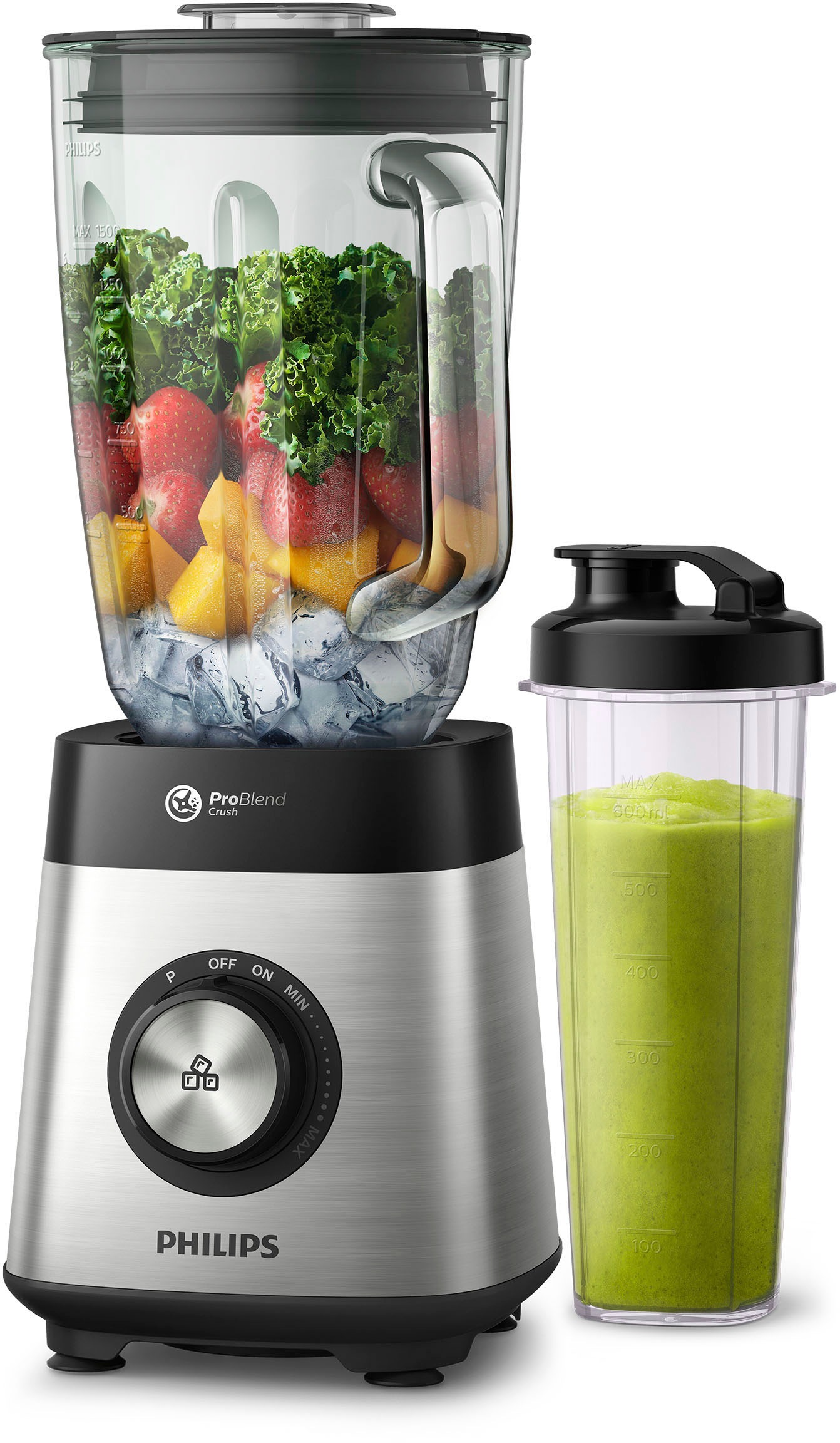 Philips Standmixer »HR3573/90«, 1000 W, 27000 Umdr. / Min., 2L Glasbehälter, Trinkflasche, spülmaschinenfest) Metall/Glas