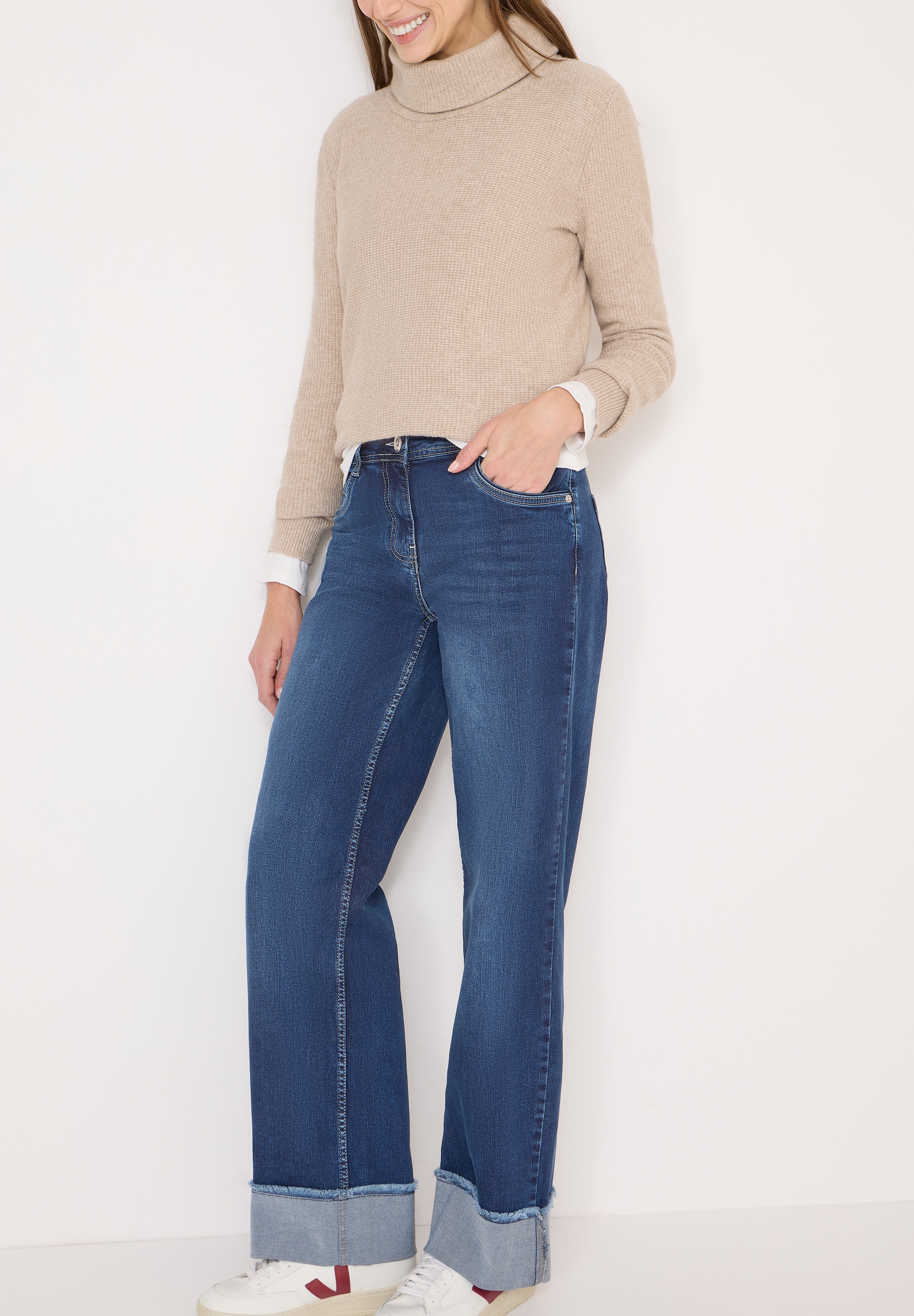 Cecil 5-Pocket-Jeans »Style NEELE« Wide Leg Washed-Look Jeans mit Aufschlag