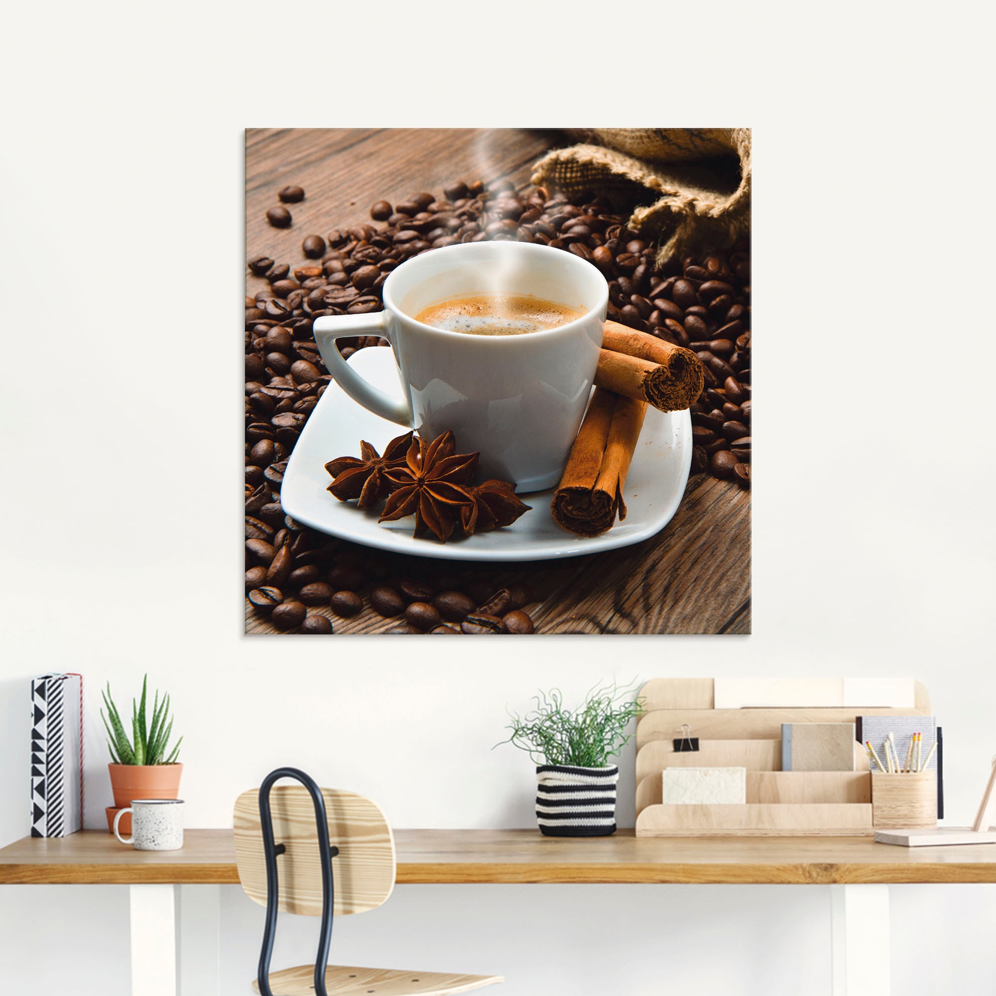 Artland Glasbild »Kaffeetasse Leinensack mit im Größen kaufen Getränke, OTTO Shop in verschiedenen St.), (1 Kaffeebohnen«, Online