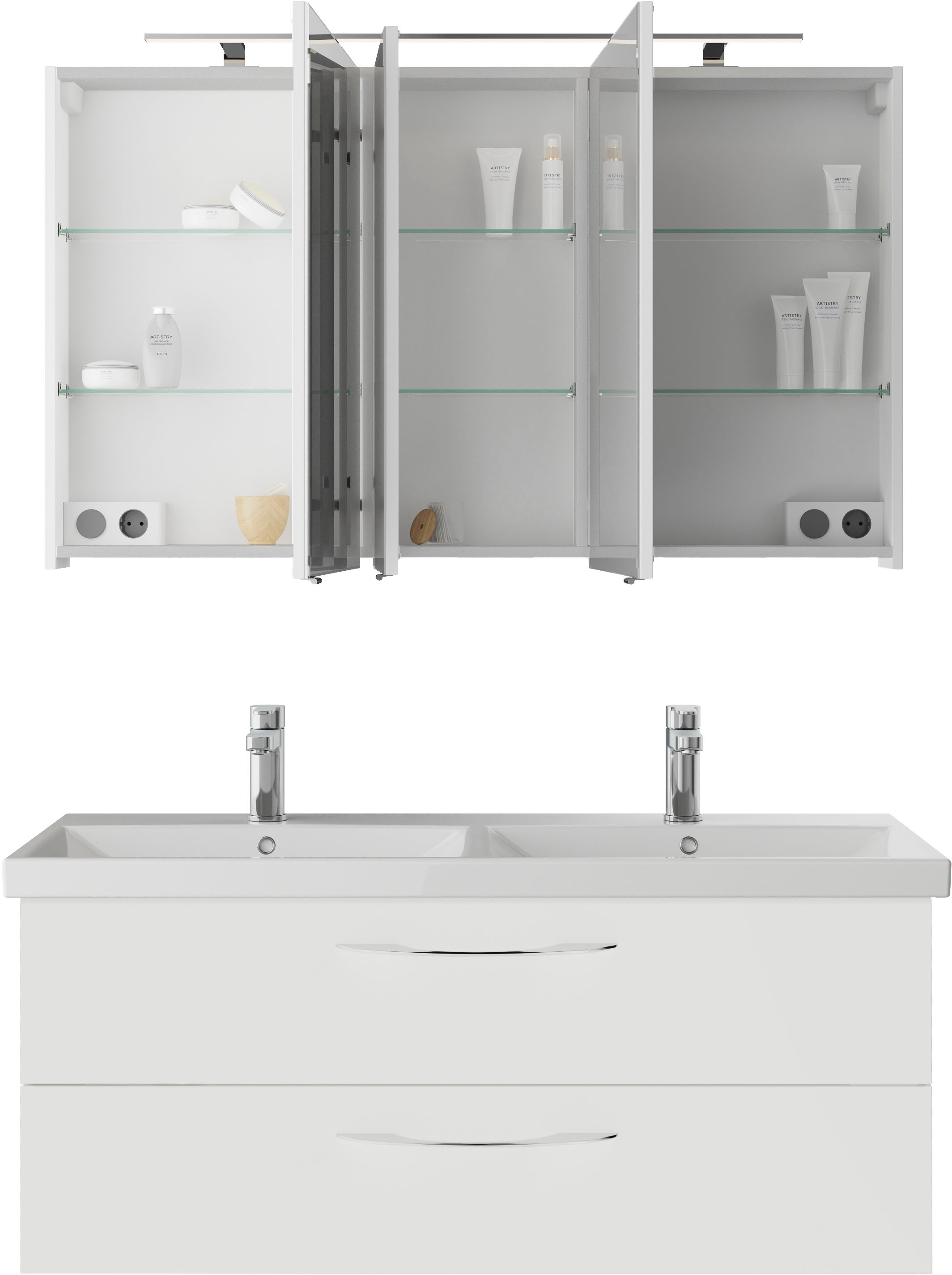 Saphir Badmöbel-Set »Serie 4035 2-teilig, Keramik-Doppelwaschtisch mit LED-Spiegelschrank«, (Set), Doppel-Waschplatz inkl Türdämpfer, 120 cm breit, 2 Schubladen, 3 Türen
