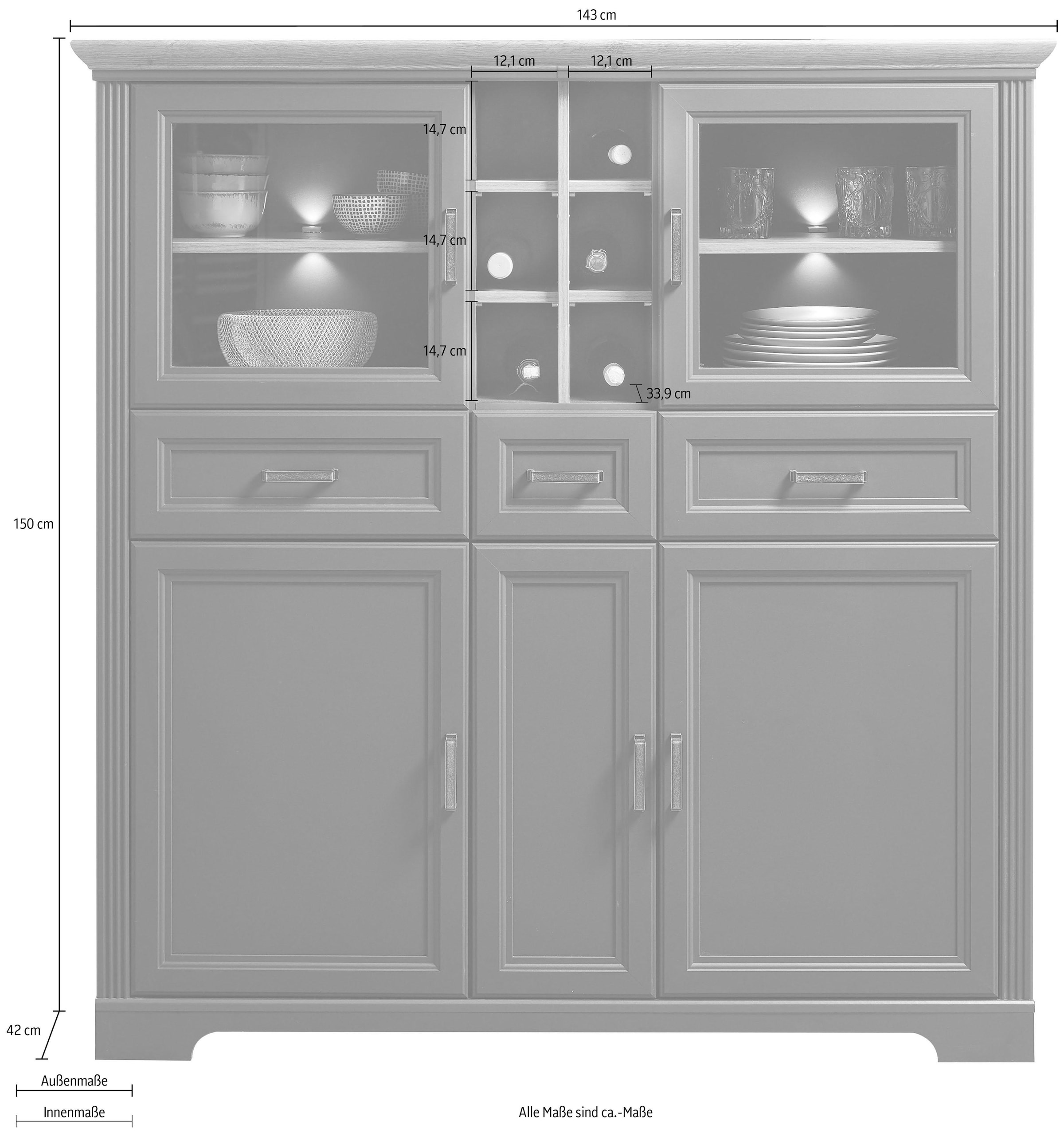 Innostyle Highboard »Jasmin«, 2 Glas-/Holztüren, 8 offene Fächer, inkl. LED-Beleuchtung