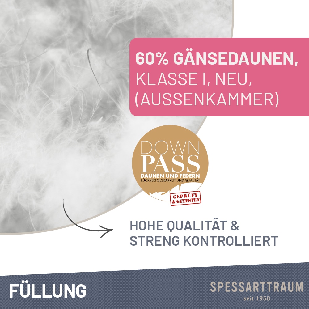 SPESSARTTRAUM 3-Kammer-Kopfkissen »Premium«, Füllung: 60% Gänsedaunen / 40% Gänsefedern, Klasse 1, Downpass zertifiziert (Außenkammern), Bezug: 100% Baumwolle, nachhaltig (Made in Green), Hausstauballergiker geeignet, (1 St.), gute Stützkraft
