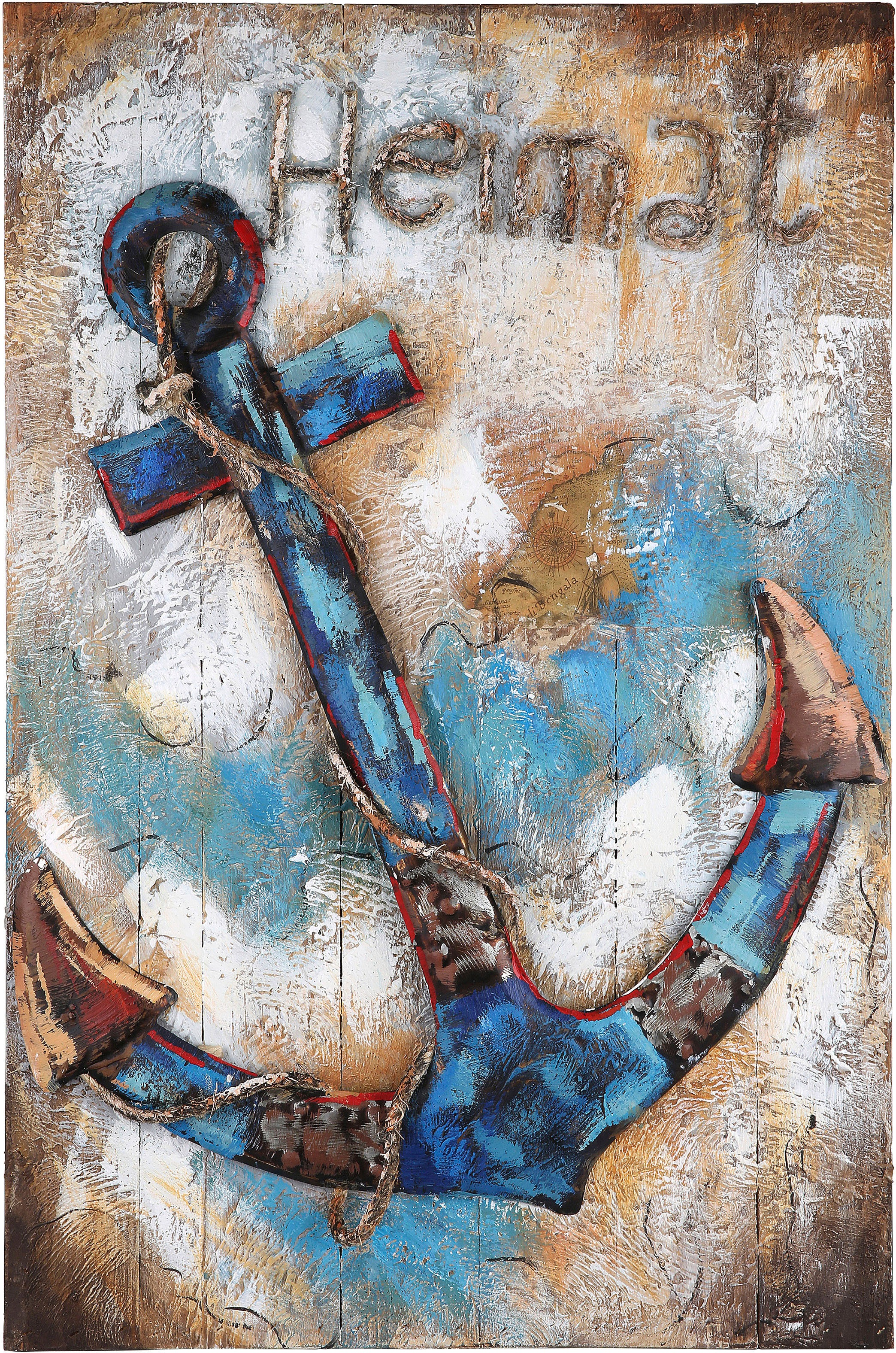 GILDE GALLERY Metallbild »Kunstobjekt Heimat-Anker«, Anker, (1 St.), handgearbeitet, 50x75 cm, aus Metall, 3D-Effekt, mit Schriftzug, maritim, dekorativ im Wohnzimmer & Schlafzimmer