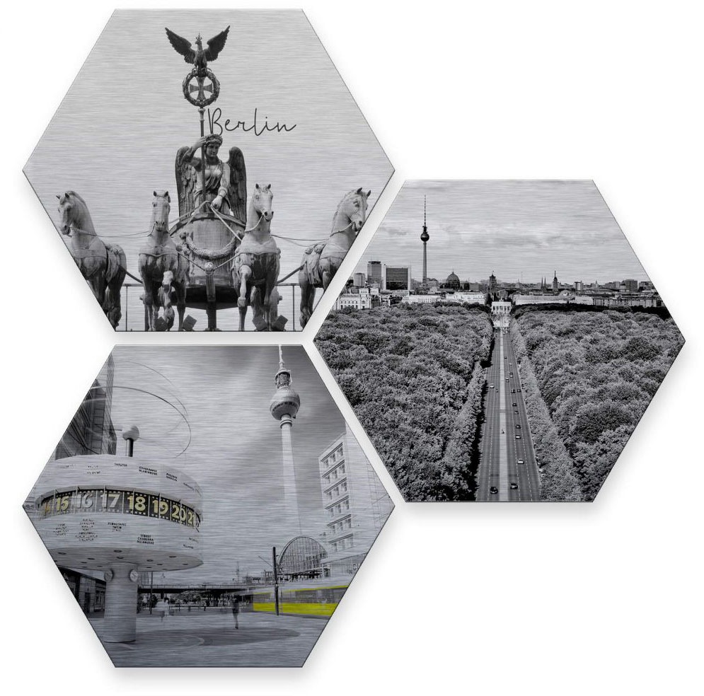 Wall-Art Mehrteilige Bilder »Silber Effekt Berlin Collage«, (Set, 3 St., Im 3-teiligen Set), Metallschild Collage