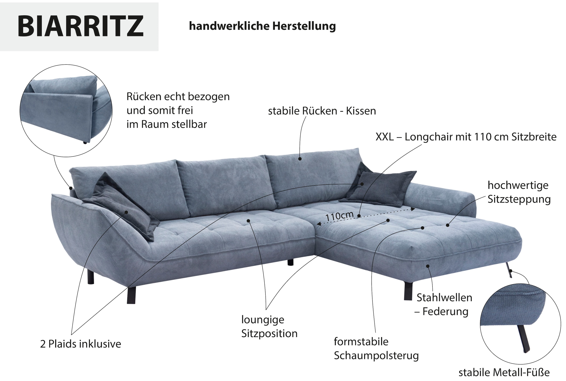 exxpo - sofa fashion Ecksofa »Biarritz modern und elegantes Mega Sofa mit tollem Sitzkomfort, L-Form«, XXL– Longchair Ecke in hochwertiger Verarbeitung, Stellmaße 324x203cm
