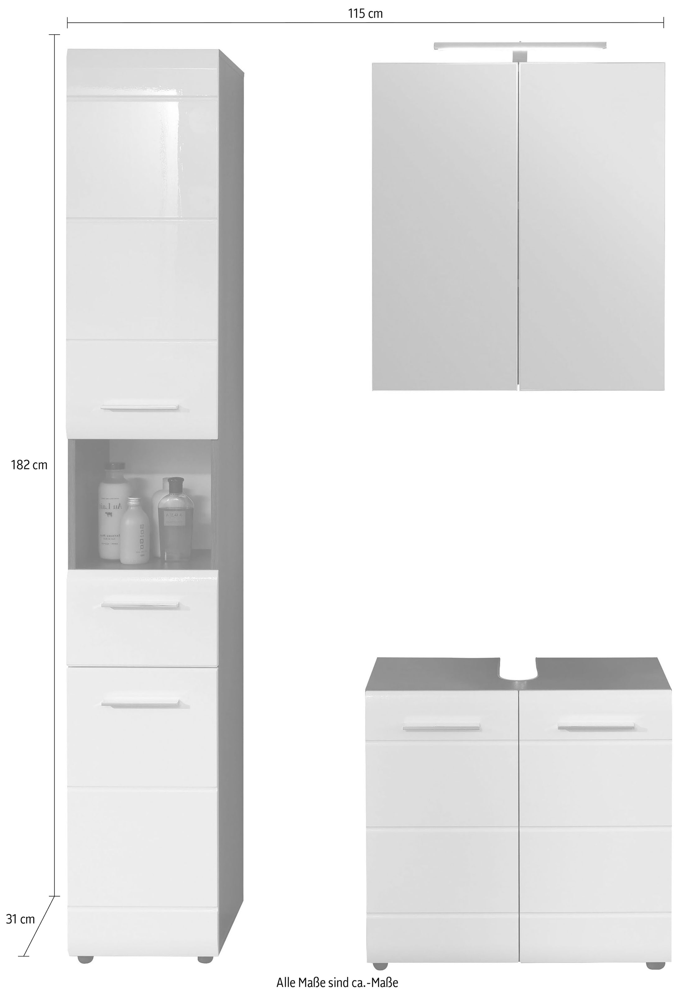 INOSIGN Badmöbel-Set »Sovana«, (Set, 3 St.), mit LED-Beleuchtung, Hochschrank und Waschbeckenunterschrank