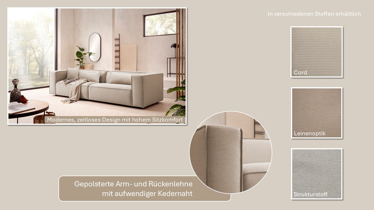 LeGer Home by Lena Gercke 3-Sitzer »PIARA, Couch mit Kedernaht, Sofa in Cord oder Leinenoptik«, schwarze Füße, bequemer Sitzkomfort