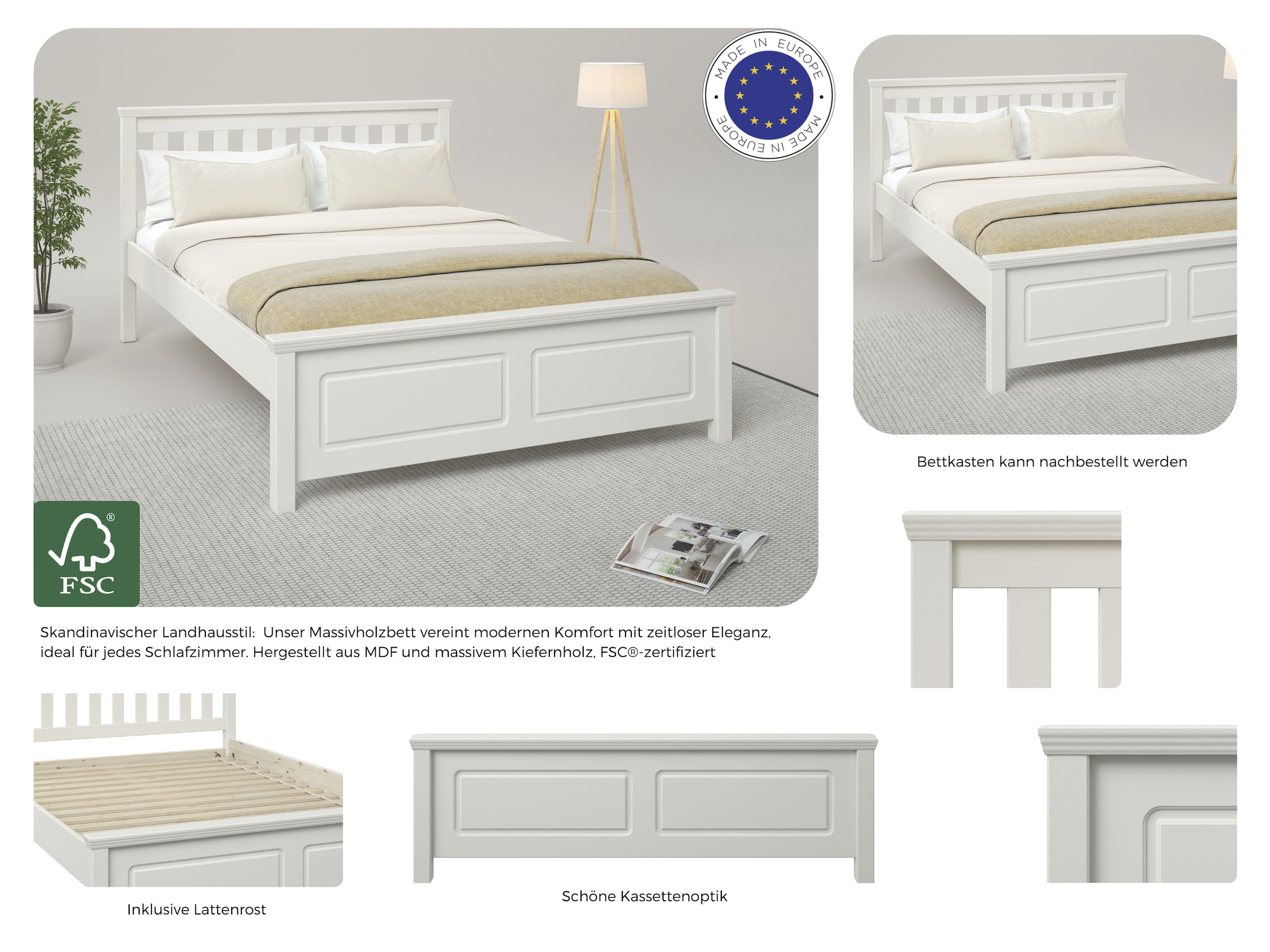 OTTO home Bett »Fredegard, skandinavischer Stil, vielseitig kombinierbar, 2 Breiten« 180er oder 140er Breite,  teilmassiv, Sprossen am Kopfteil, mit Lattenrost, Kassettenoptik