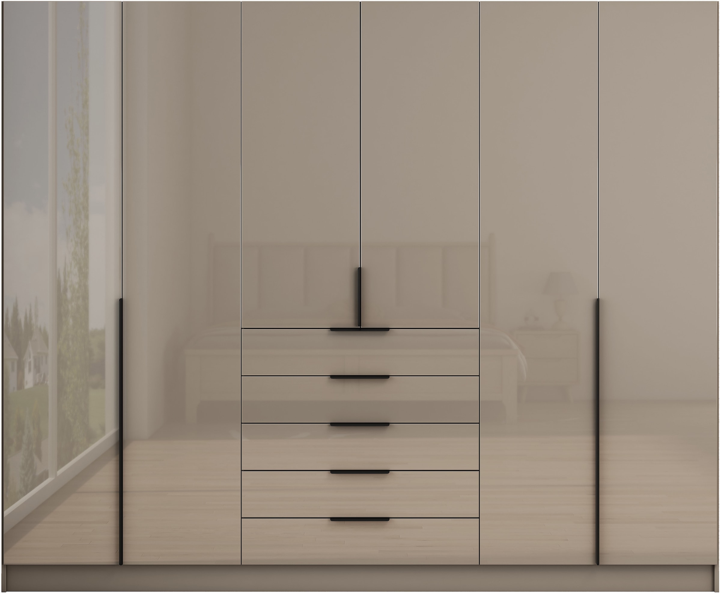 OTTO home Kleiderschrank »Annor Schlafzimmerschrank Breite 242cm hochglanz Schrank Garderobe« Drehtürenschrank mit perfekter Innenausstattung - elegante Türgriffe