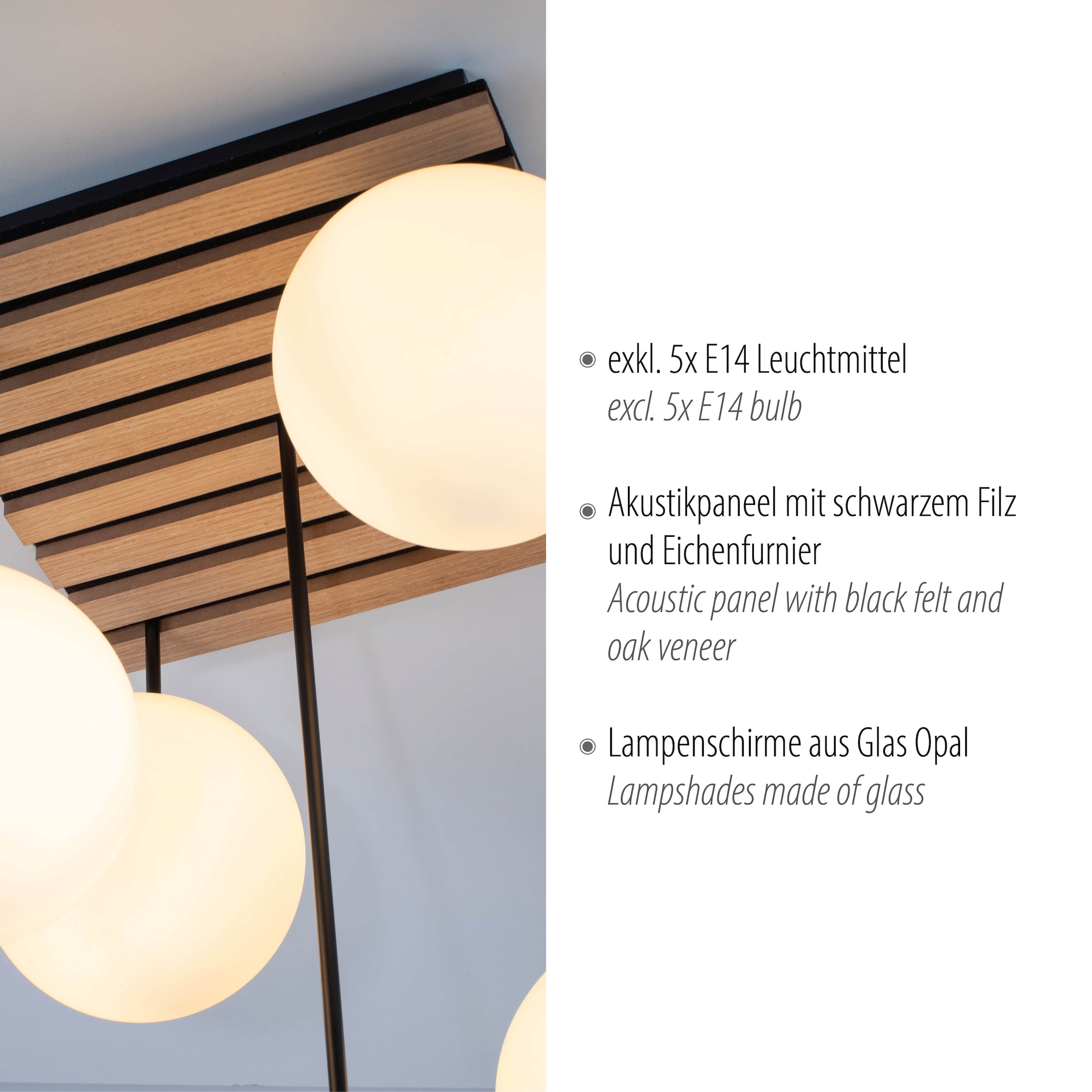 my home Deckenleuchte »Erinette Akustikpaneele mit Glaskugeln«, 5 flammig, Leuchtmittel E14 | ohne Leuchtmittel-Leuchtmittel wechselbar, Holz, Akustik, Paneele, Glas, Deckenlampe E14