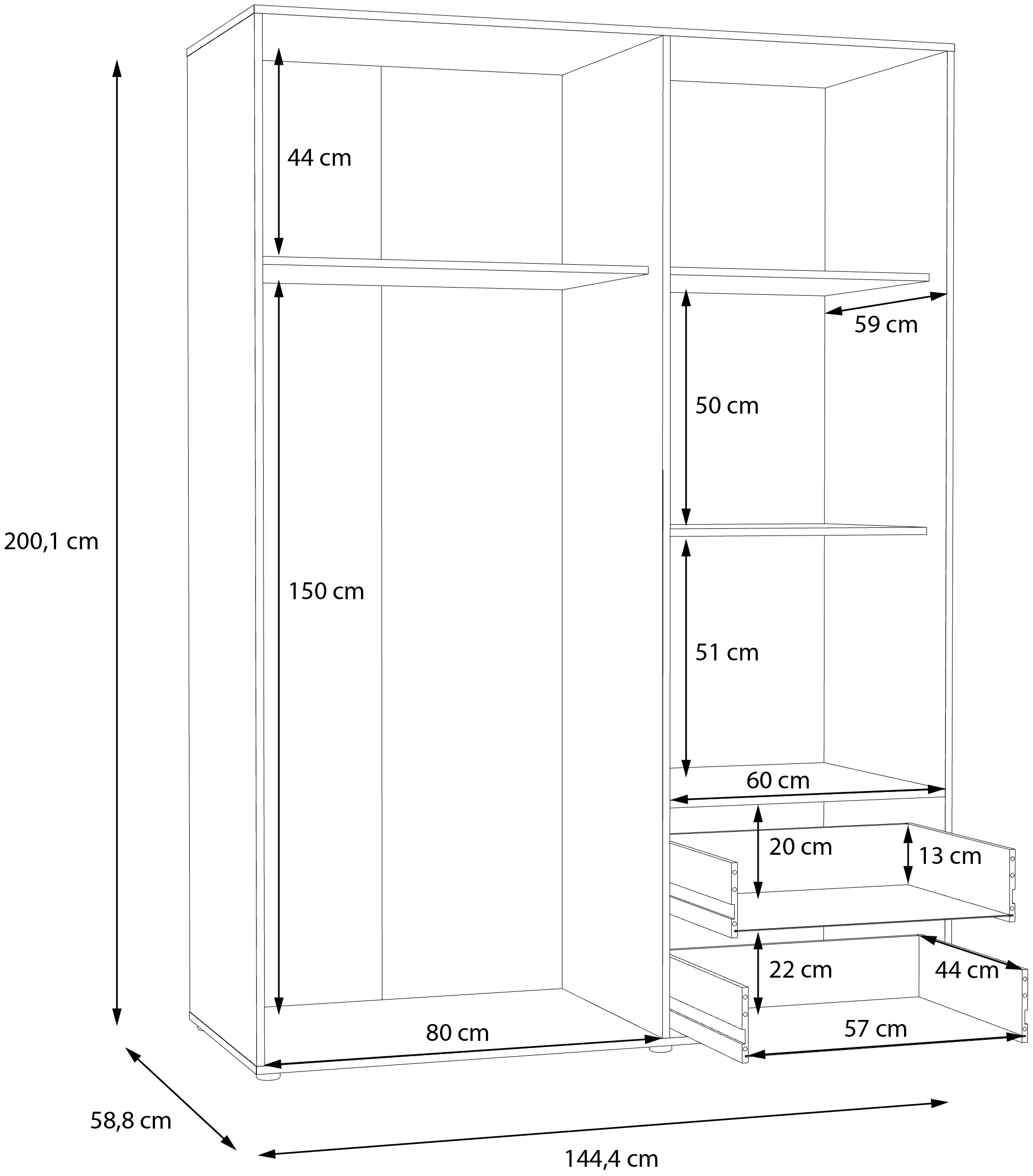 FORTE Drehtürenschrank »TOPSELLER! Made in Europe, verschiedene Größen und Farben«, mit Schubladen und Stangengriffen, pflegeleichte Oberfläche