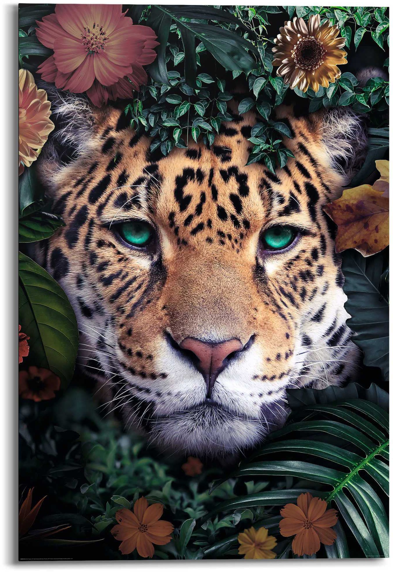 Wandbild »Wandbild Leopard Blumenkranz - Jungle - Farbenfroh«, Leopard, (1 St.)