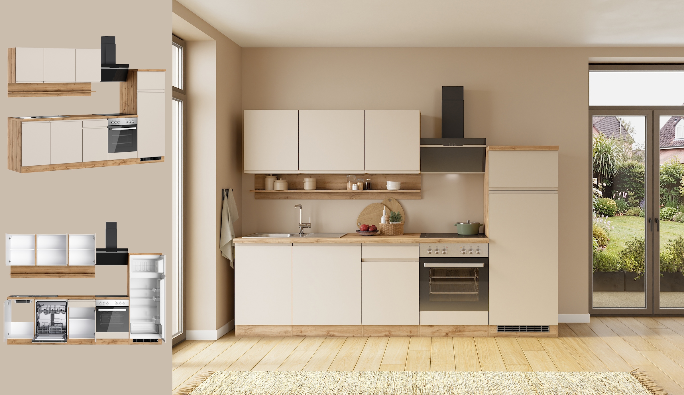 KOCHSTATION Küchenzeile »KS-Virginia,neu in verbesserter Ausführung« Arbeitsplatte 38 mm stark, Stauraum, Softclose,  Breite 280 cm, Soft-Close, wahlweise mit E-Geräten