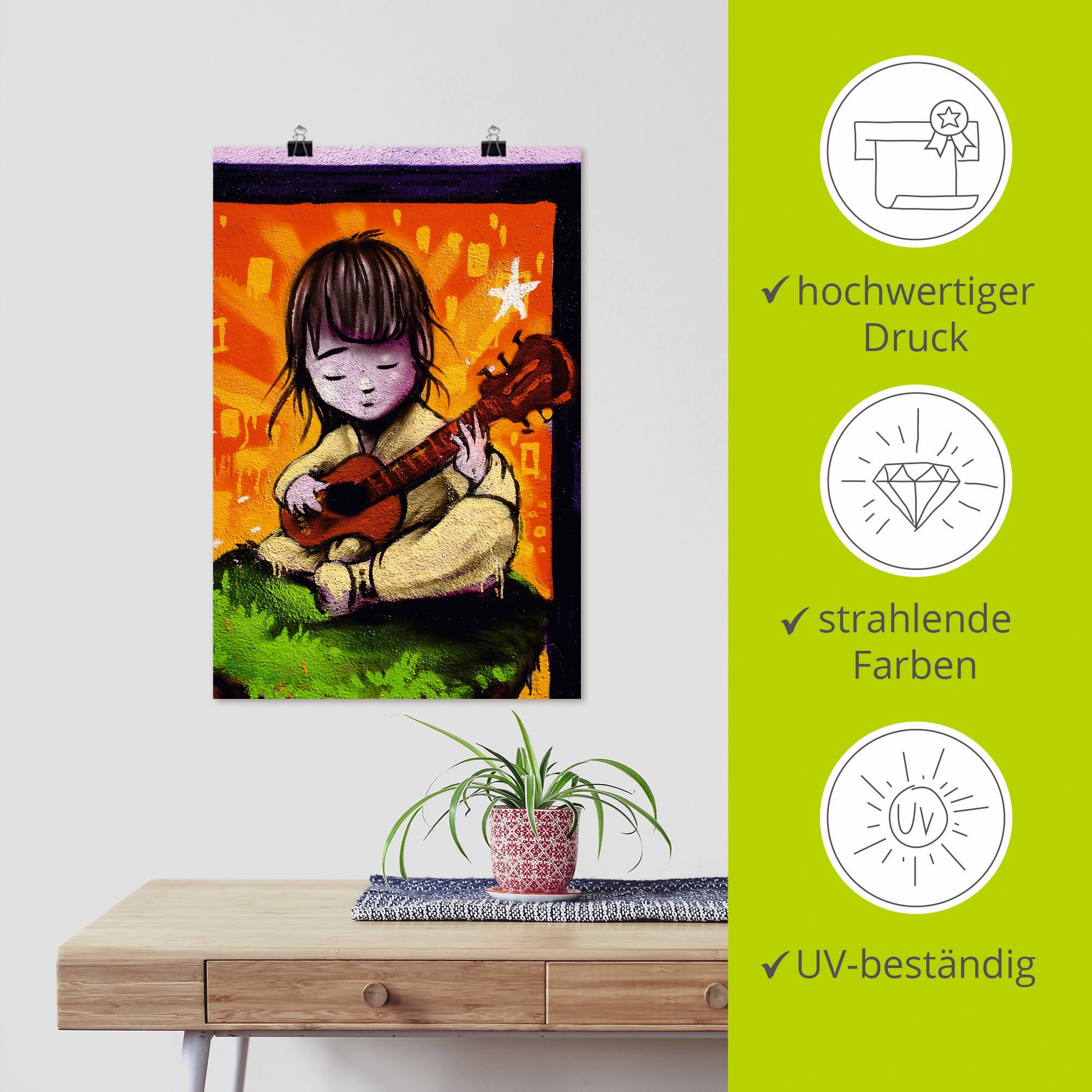 Artland Poster »Junge mit Gitarre - Graffiti«, Kind, (1 St.), als Alubild, Leinwandbild, Wandaufkleber oder Poster in versch. Größen
