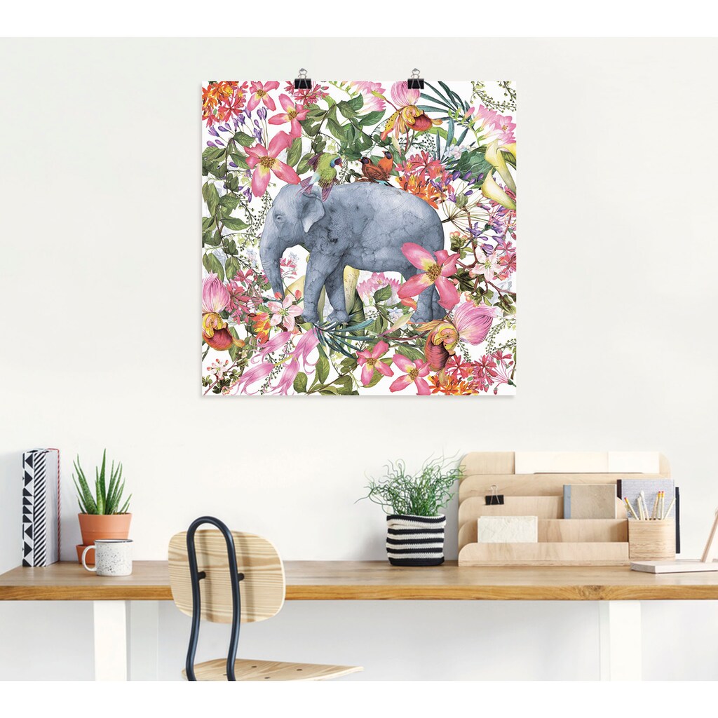 Artland Wandbild »Elefant im Blüten Dschungel«, Wildtiere, (1 St.)