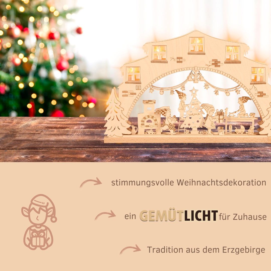 Weigla Schwibbogen »Wichtelwerkstatt, Lichterbogen aus Holz, NATUR«, Erzgebirge garantiert, Weihnachtsdeko Innen, Weihnachtsbeleuchtung