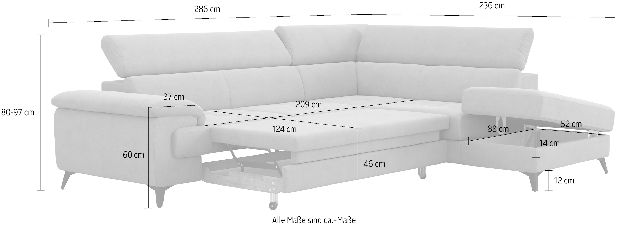 COTTA Ecksofa »Astra L-Form, B: 286 cm« mit Kopfteilverstellung, optional Bettfunktion & Bettkasten